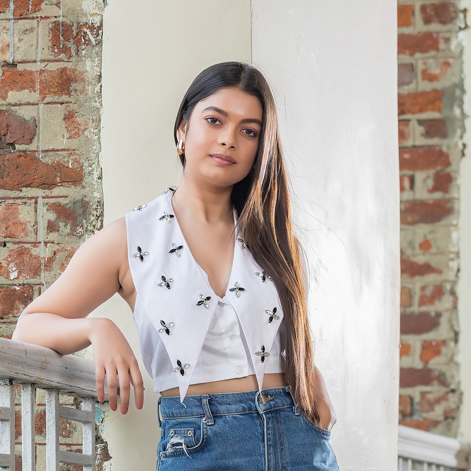 White Stud Elongated Collar Top