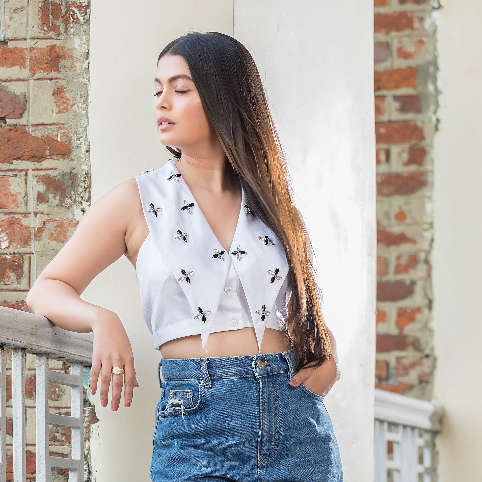 White Stud Elongated Collar Top