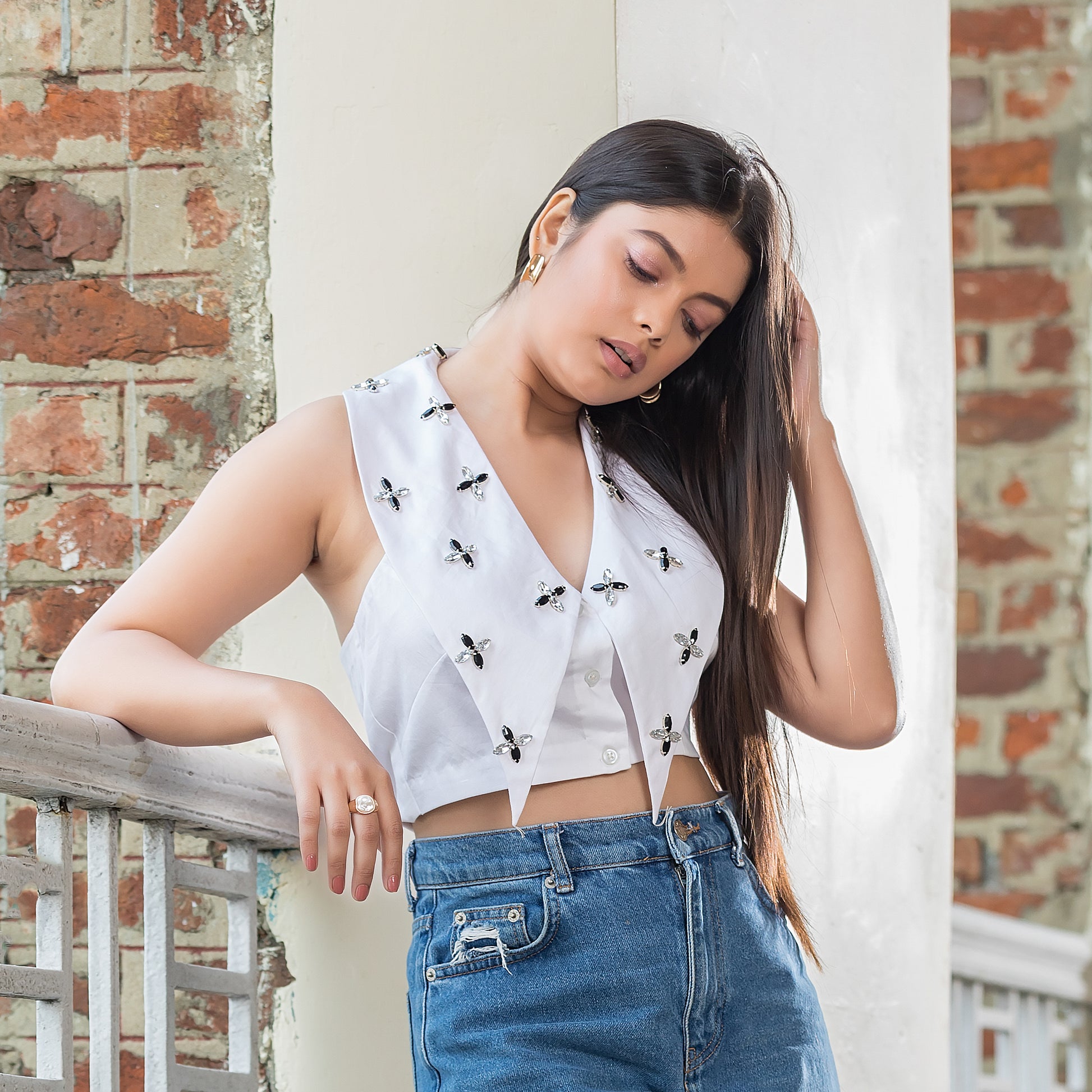 White Stud Elongated Collar Top