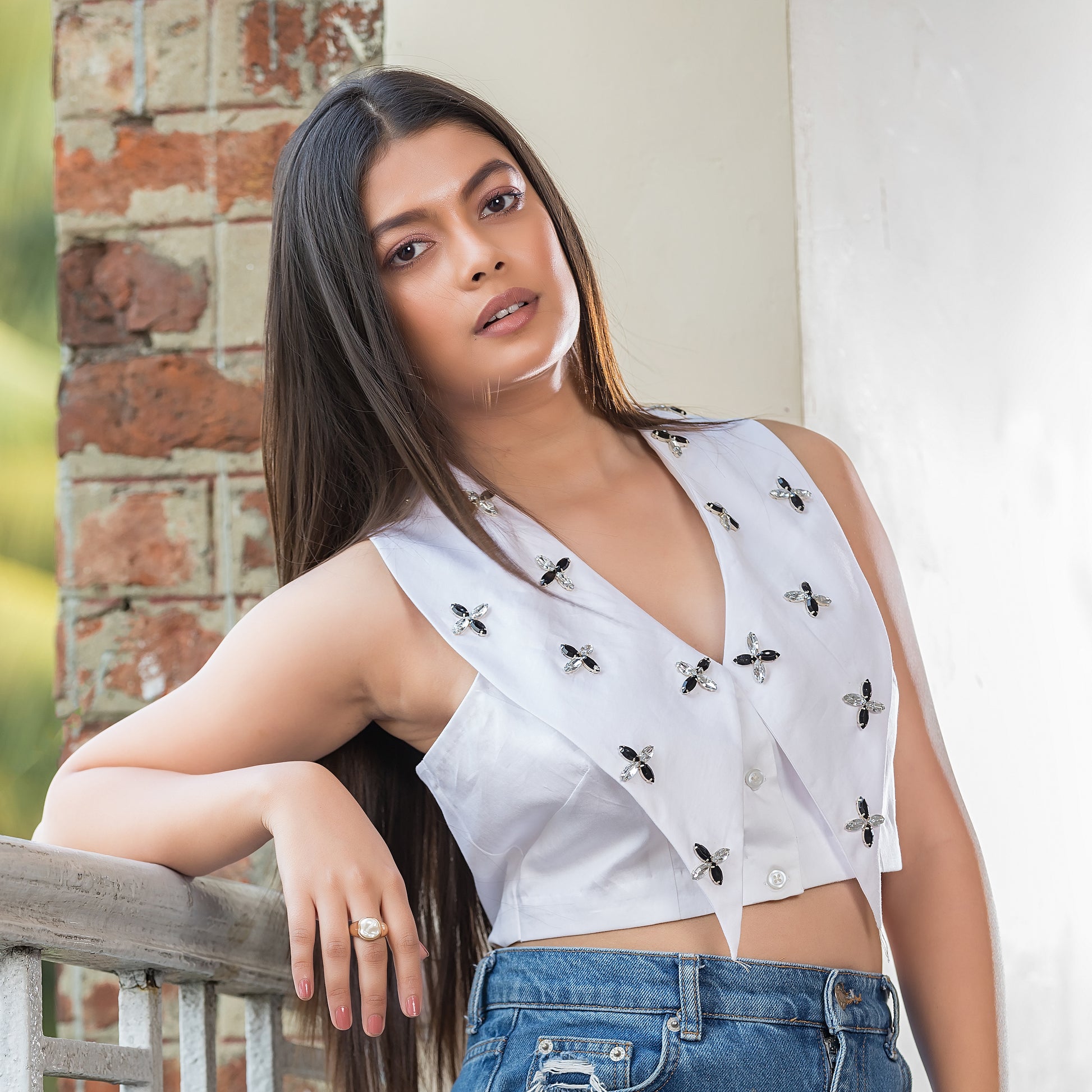 White Stud Elongated Collar Top