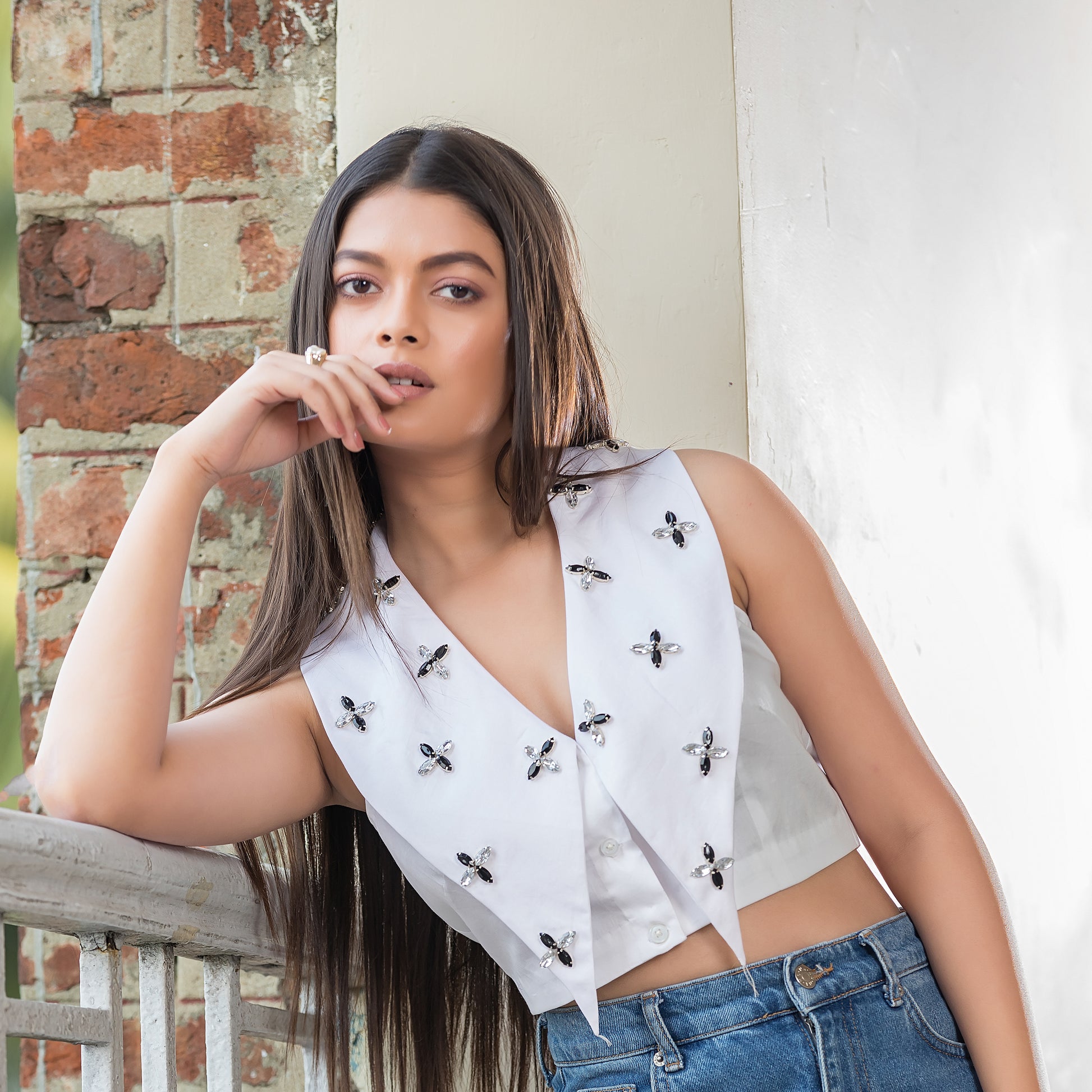 White Stud Elongated Collar Top