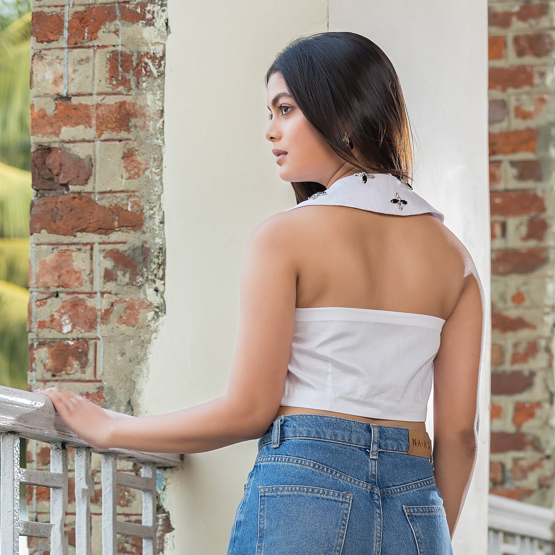 White Stud Elongated Collar Top