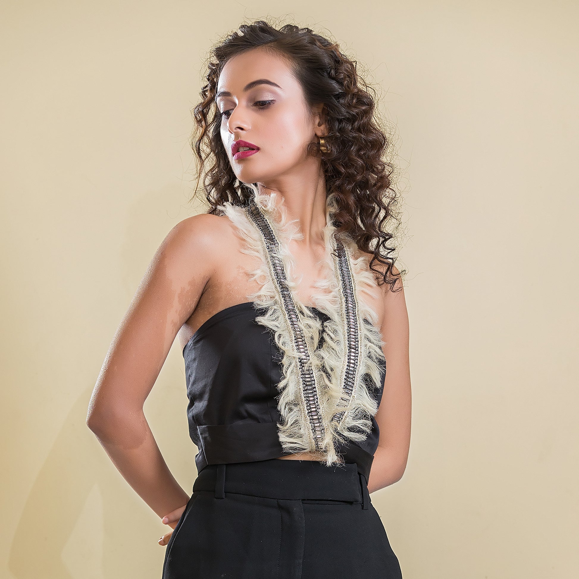 Black Halter Feather Lace Top