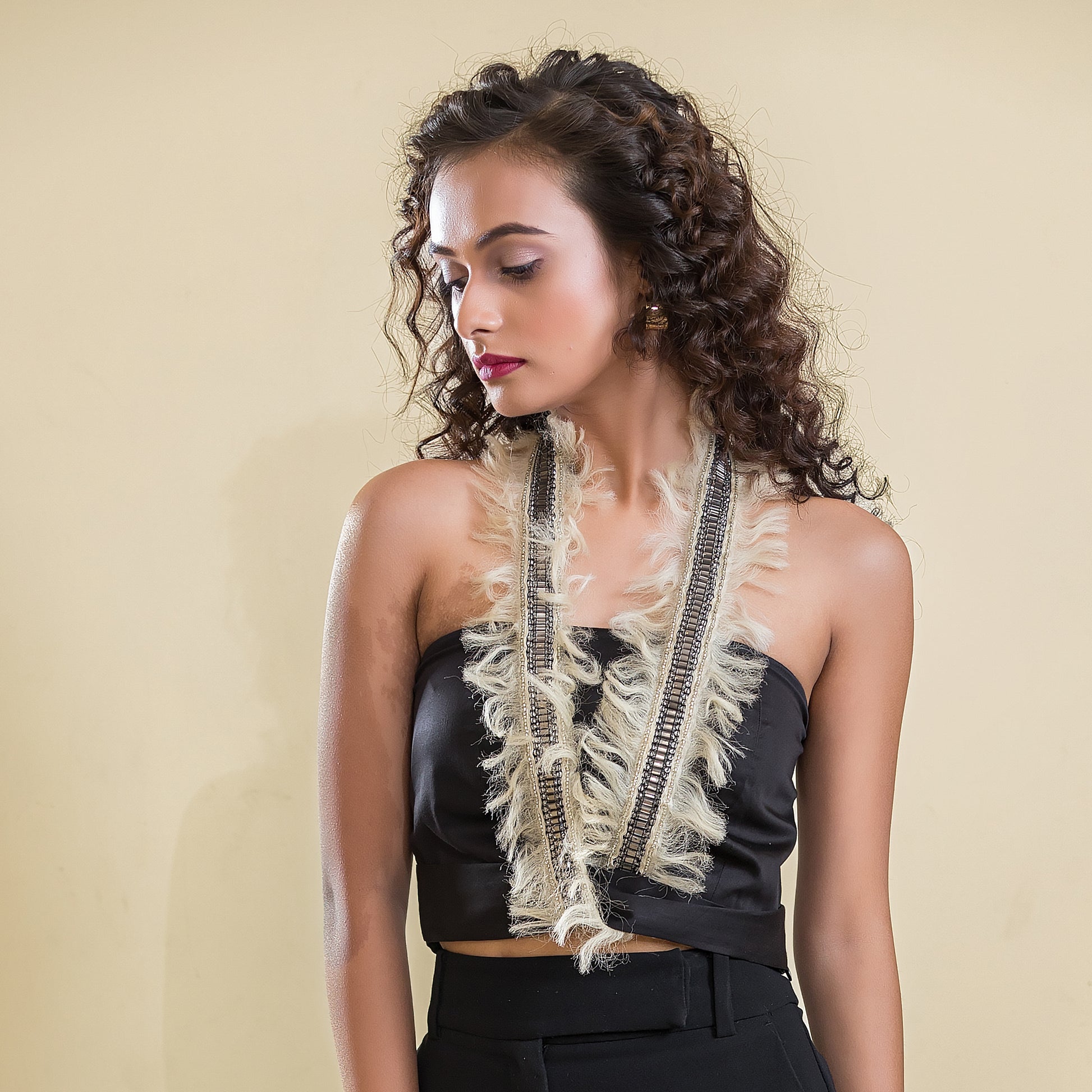 Black Halter Feather Lace Top
