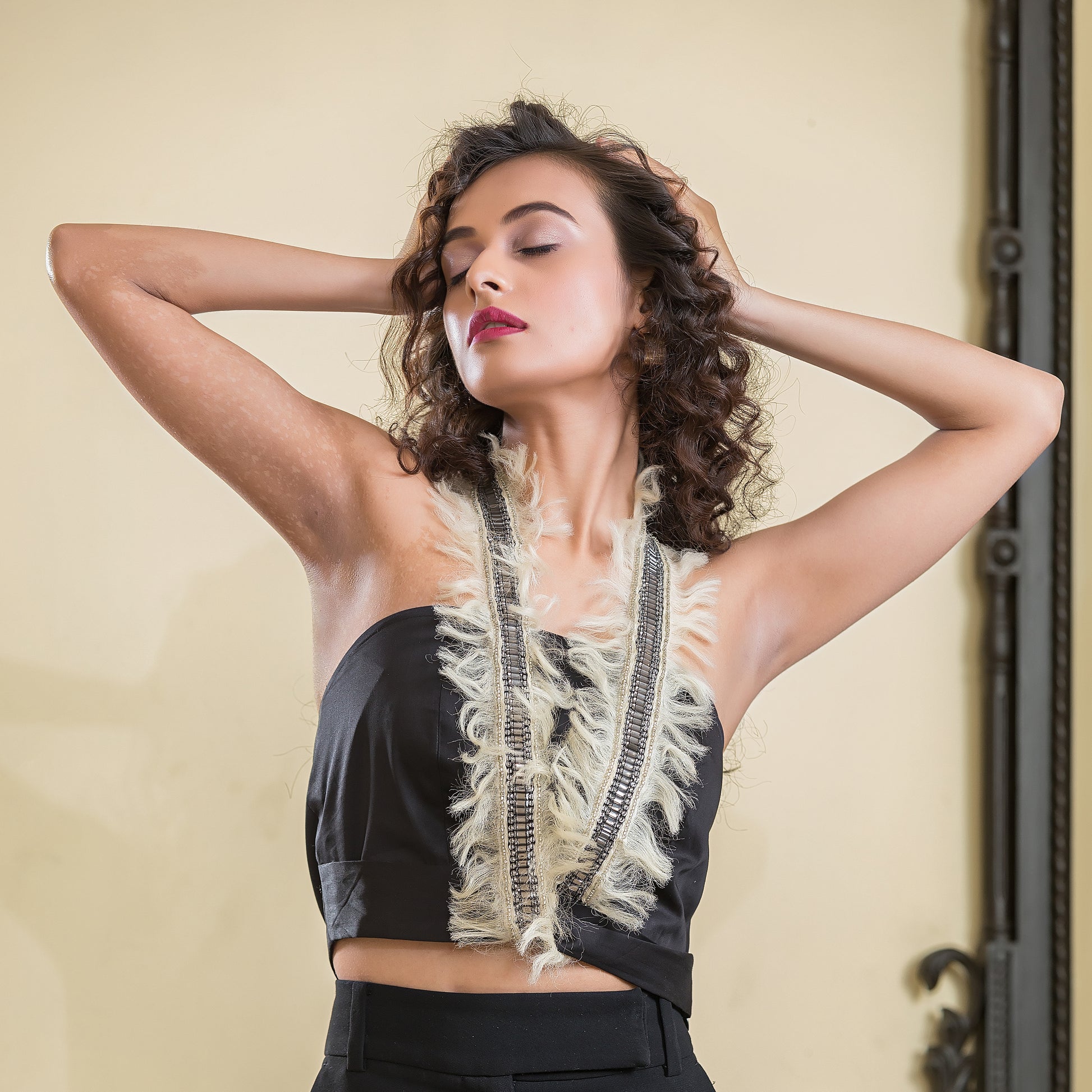 Black Halter Feather Lace Top