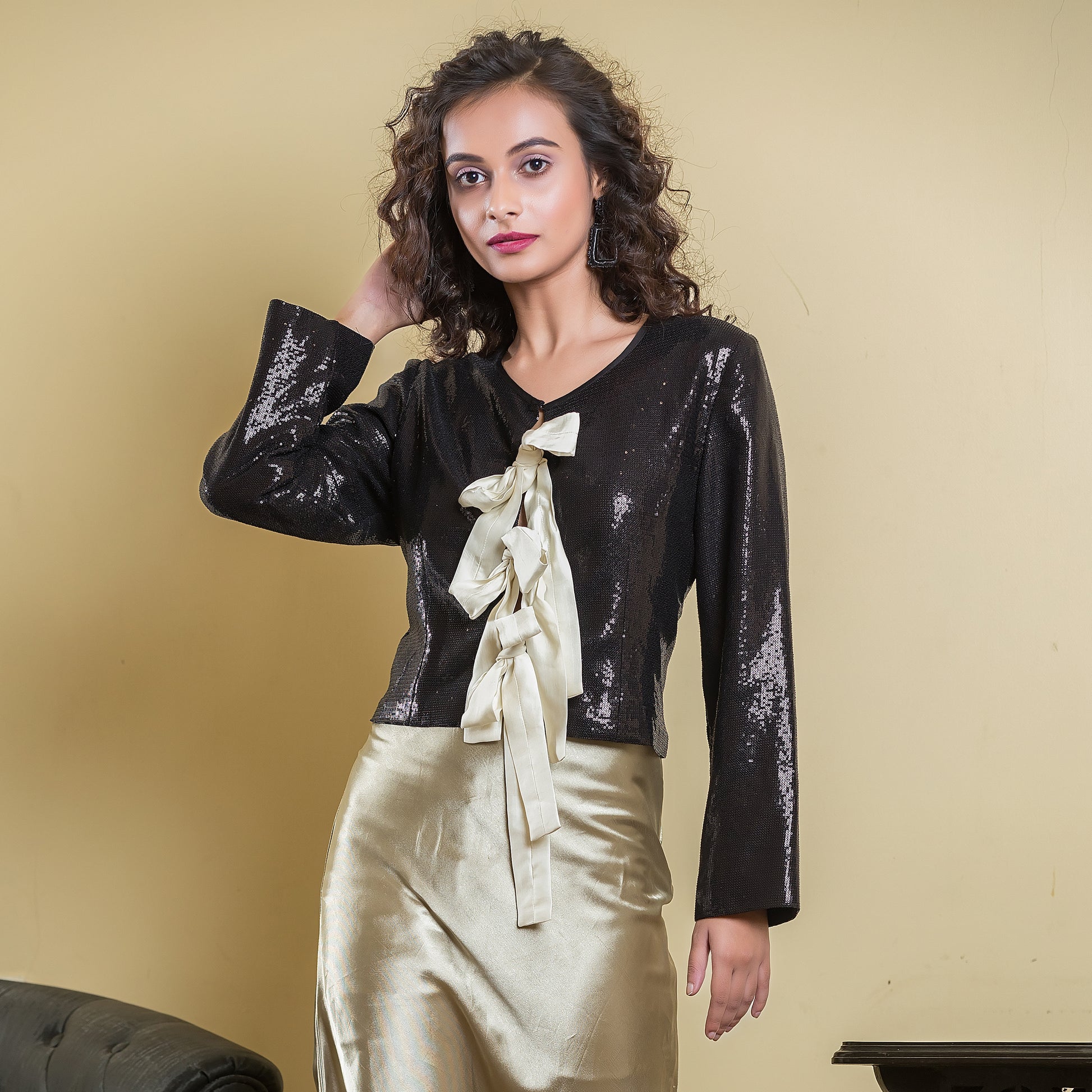 Black Sequence Bow Top