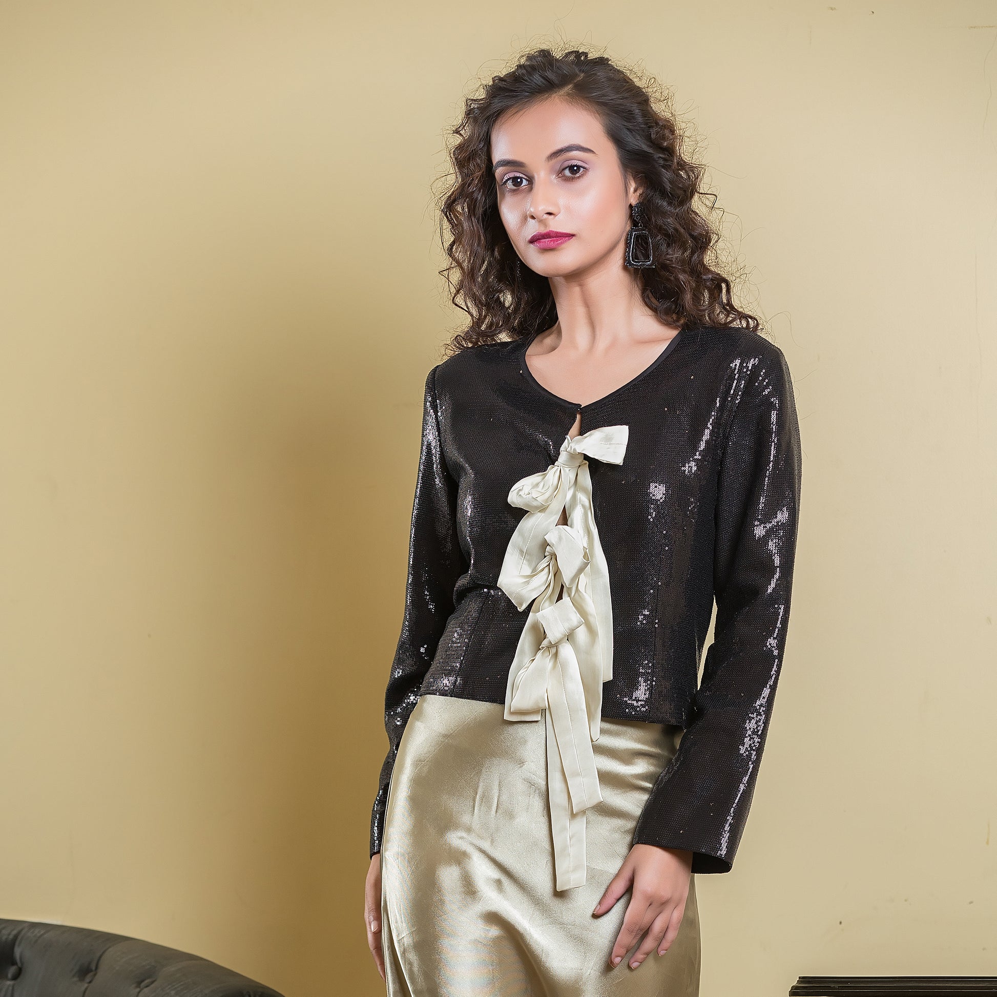 Black Sequence Bow Top