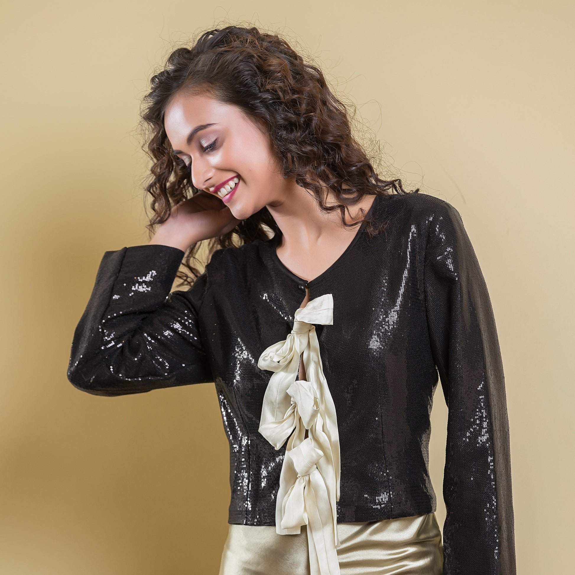 Black Sequence Bow Top