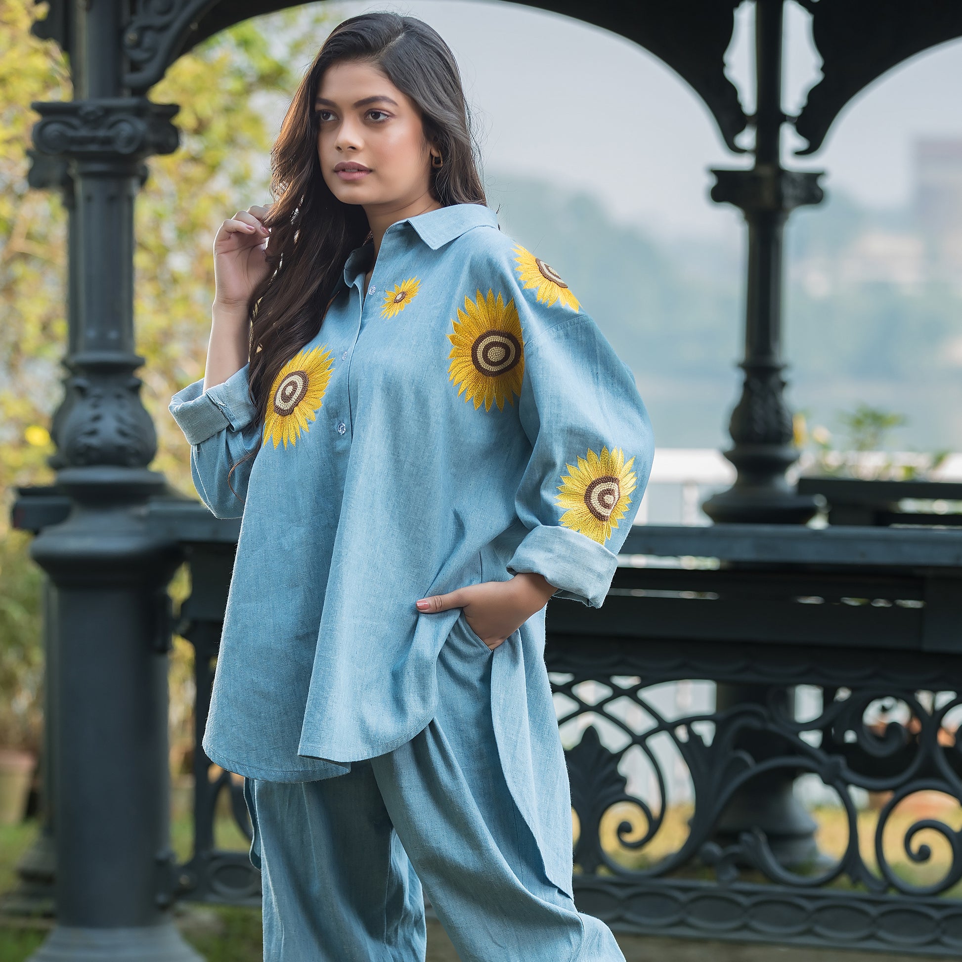Sunflower Embroidered Denim Shirt