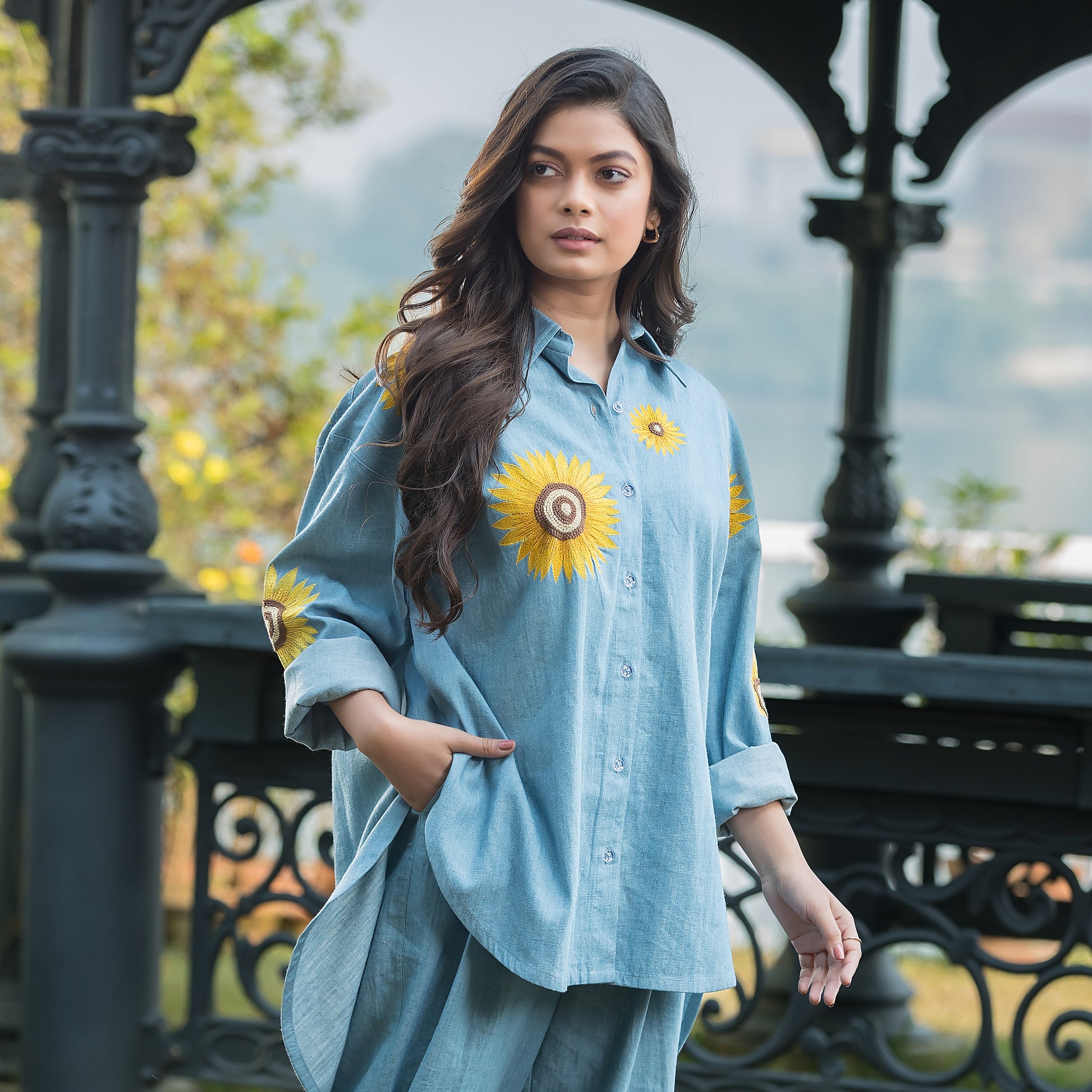 Sunflower Embroidered Denim Shirt