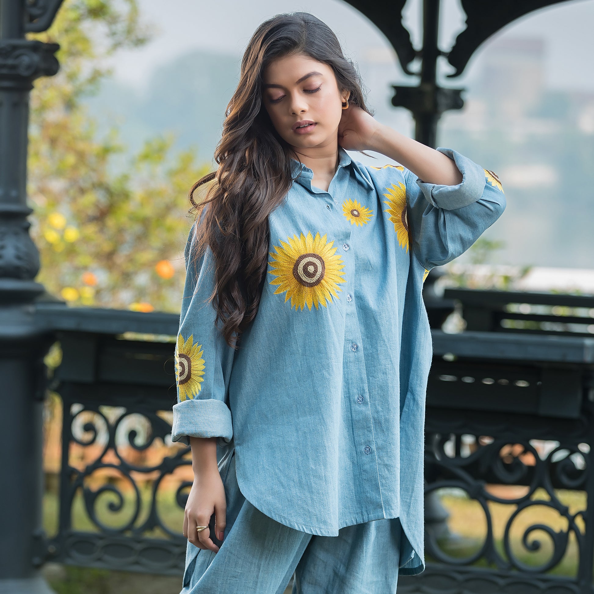 Sunflower Embroidered Denim Shirt