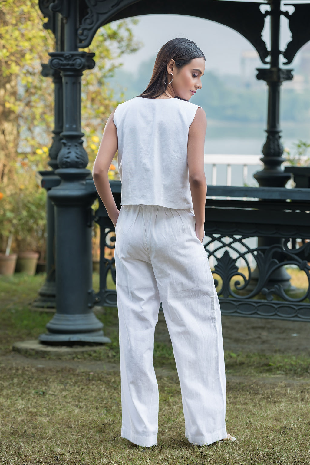 White Linen Waistcoat with Pants Set