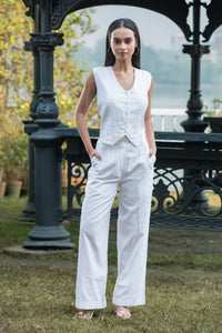 White Linen Waistcoat with Pants Set