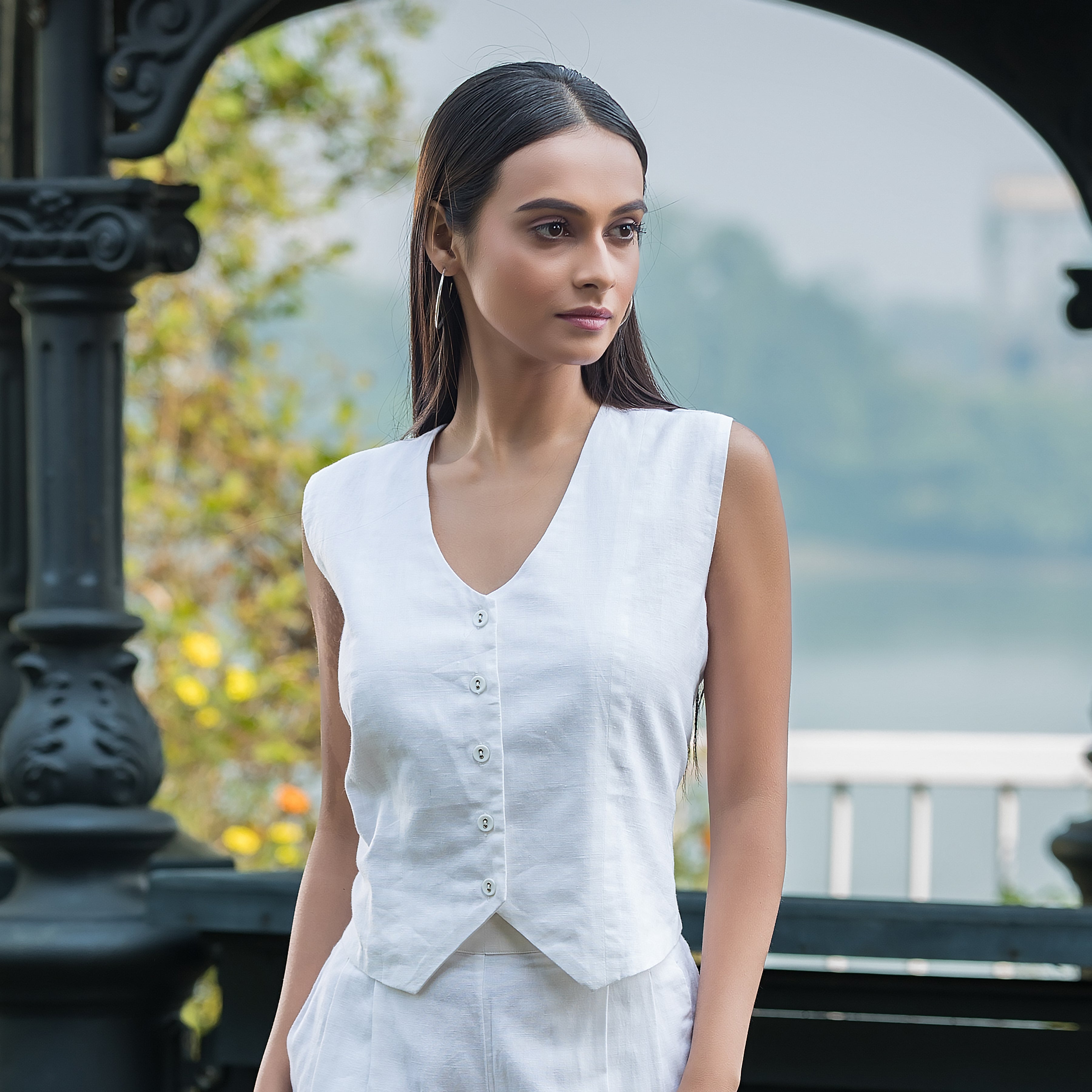 White Linen Waistcoat with Pants Set