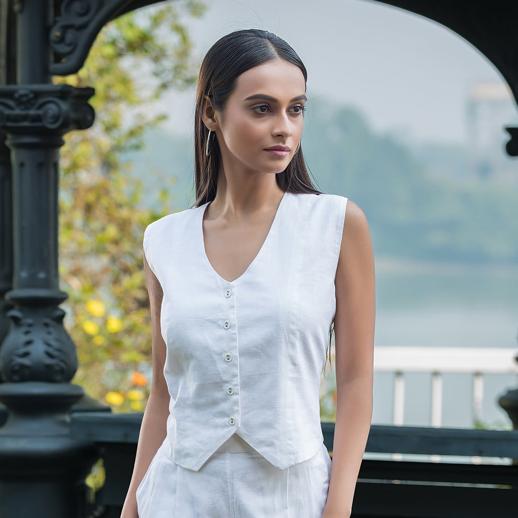 White Linen Waistcoat with Pants Set