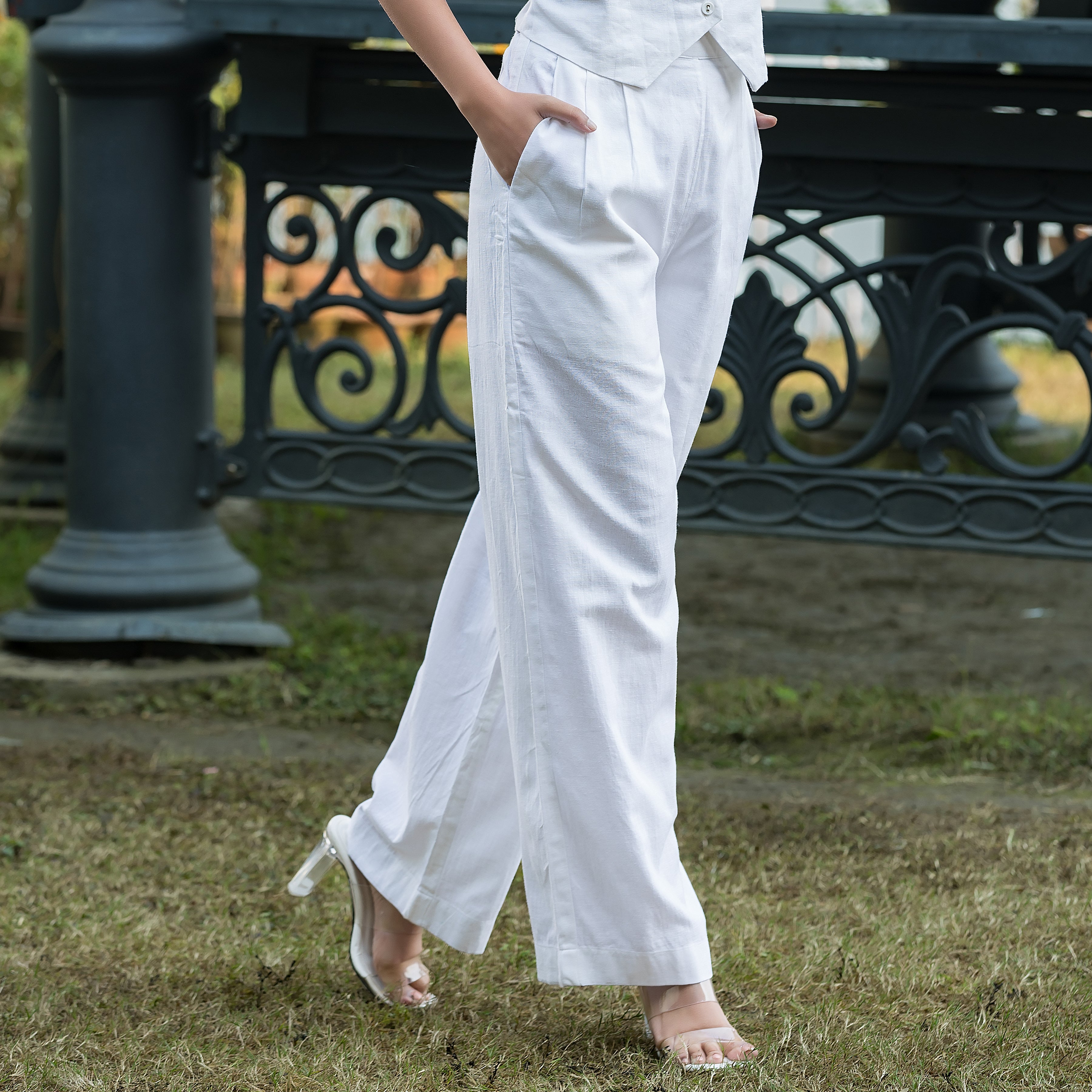 White Linen Waistcoat with Pants Set