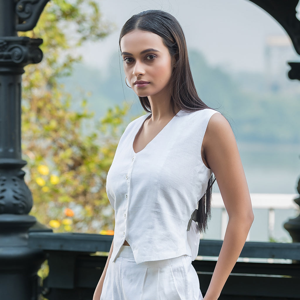 White Linen Waistcoat with Pants Set