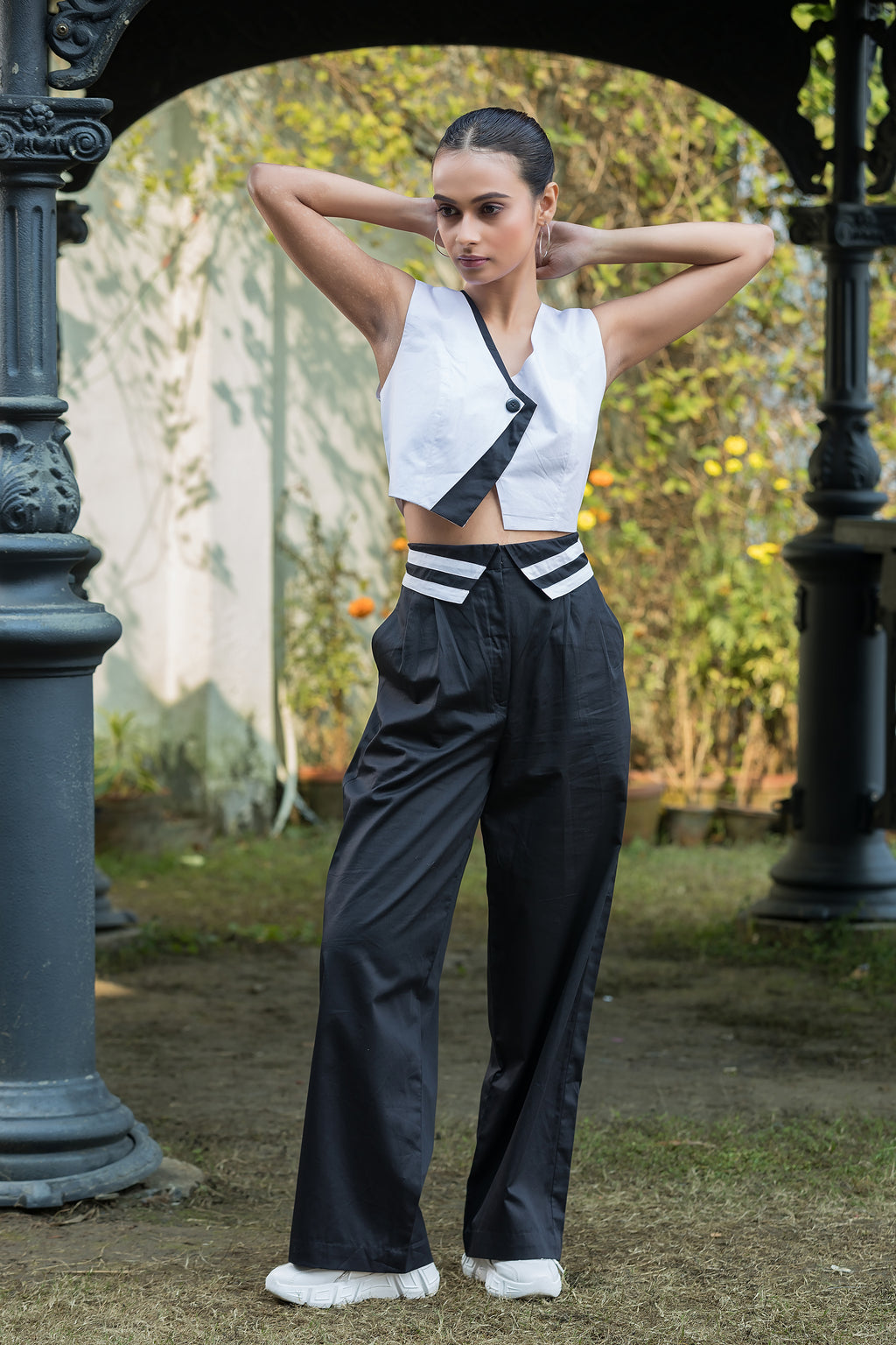 Black & White Waistcoat Top & Collar Pants Set