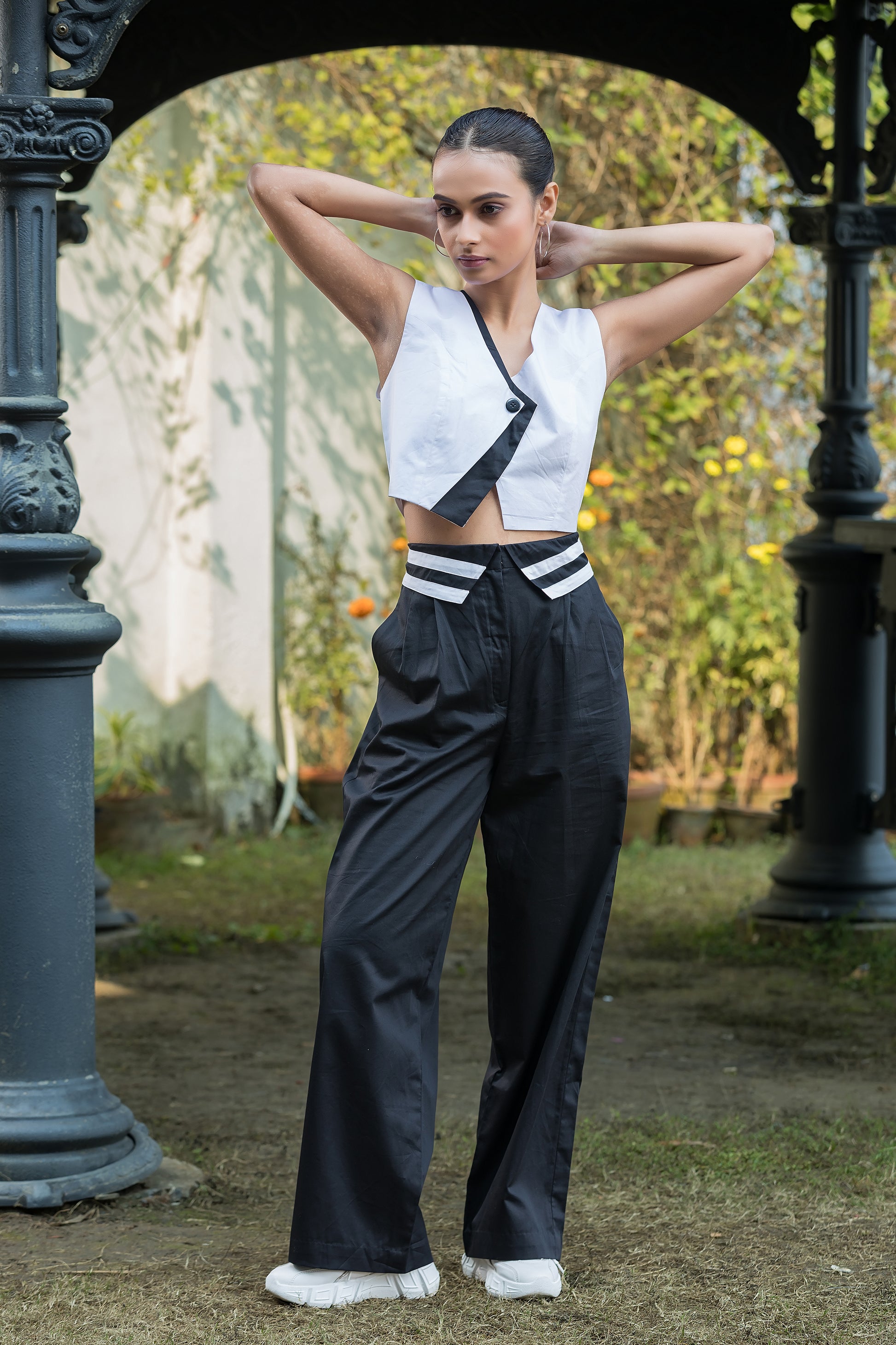 Black & White Waistcoat Top & Collar Pants Set