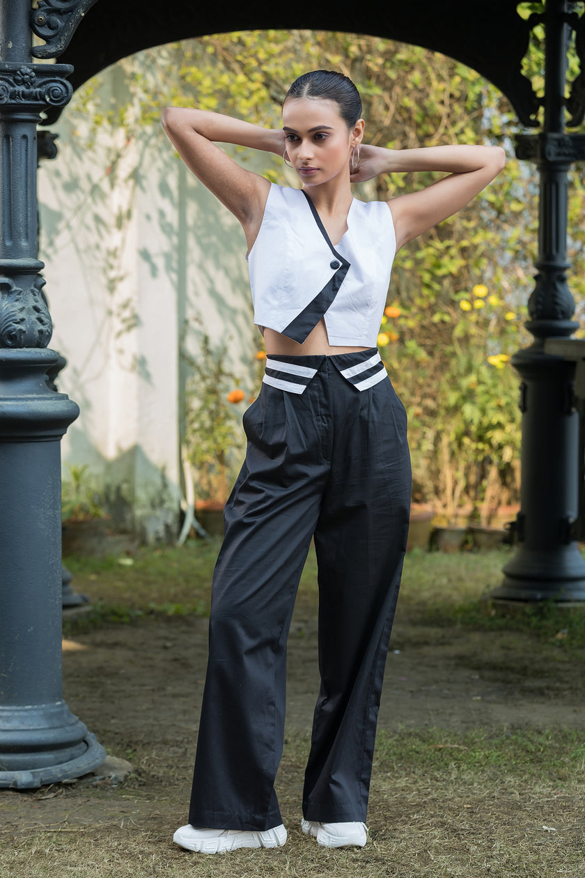 Black & White Waistcoat Top & Collar Pants Set