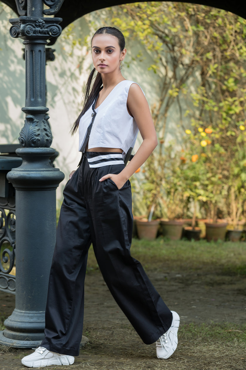 Black & White Waistcoat Top & Collar Pants Set