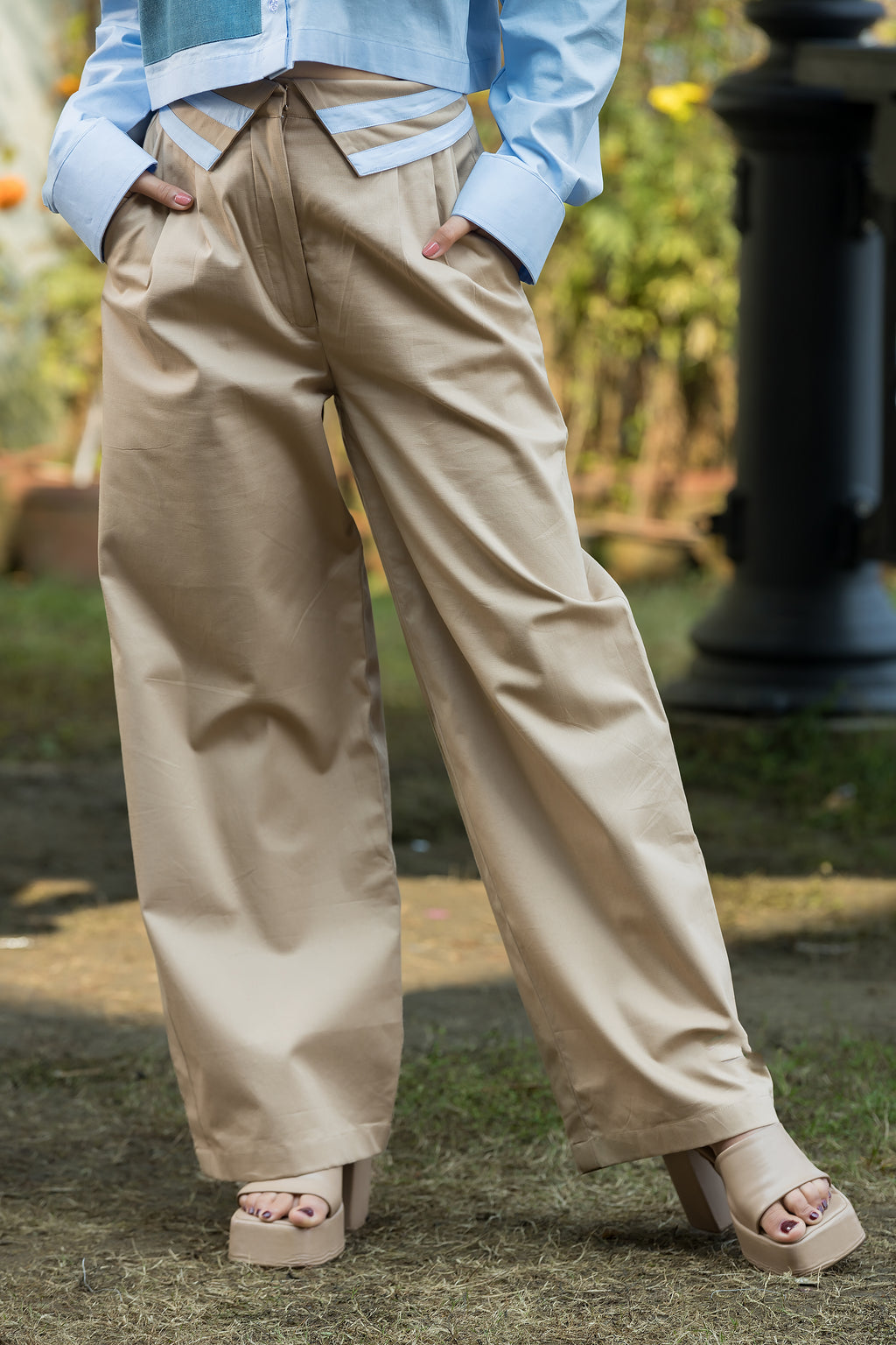 Beige & Blue Collared Pants