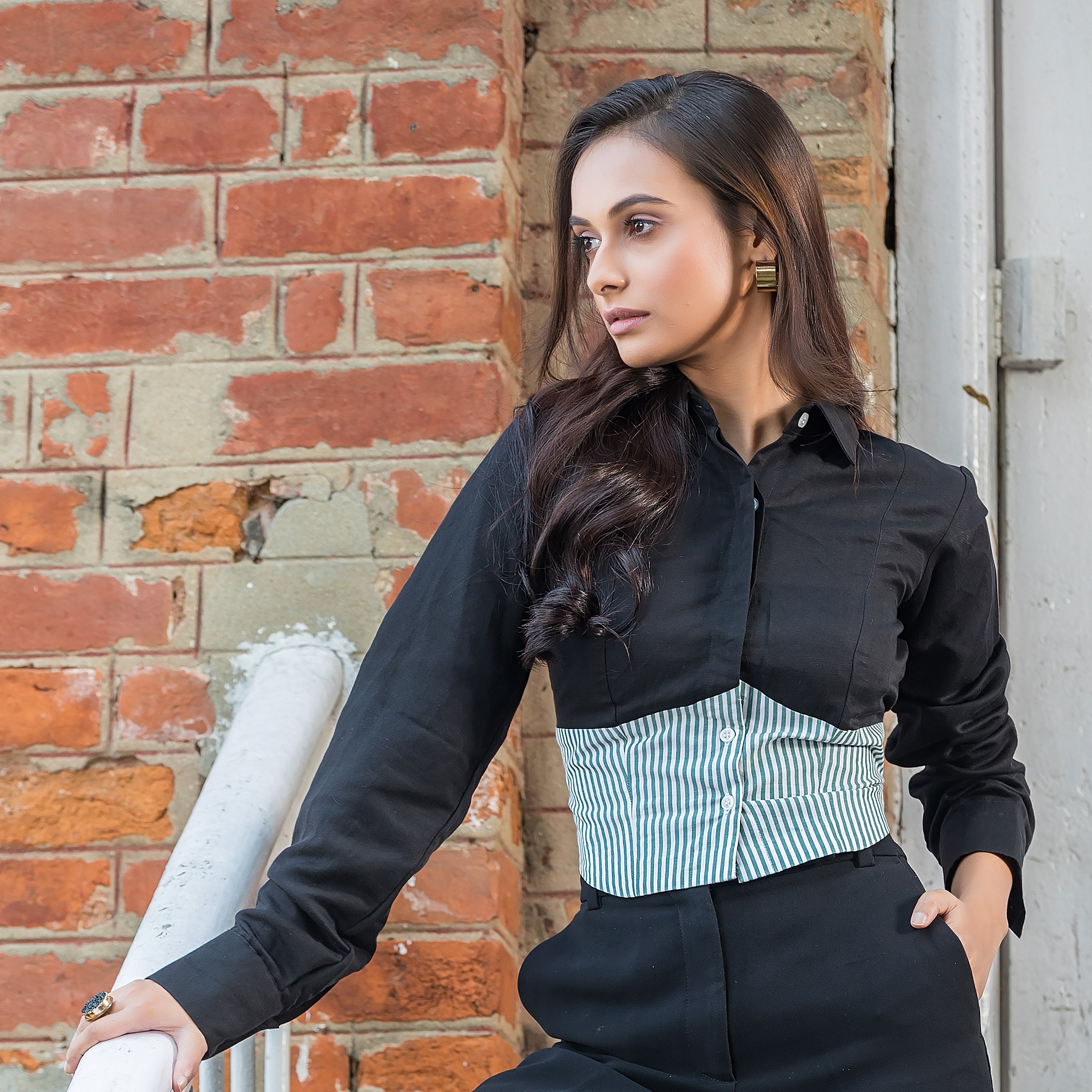 Two Tone Shirt - Black & Green Stripes