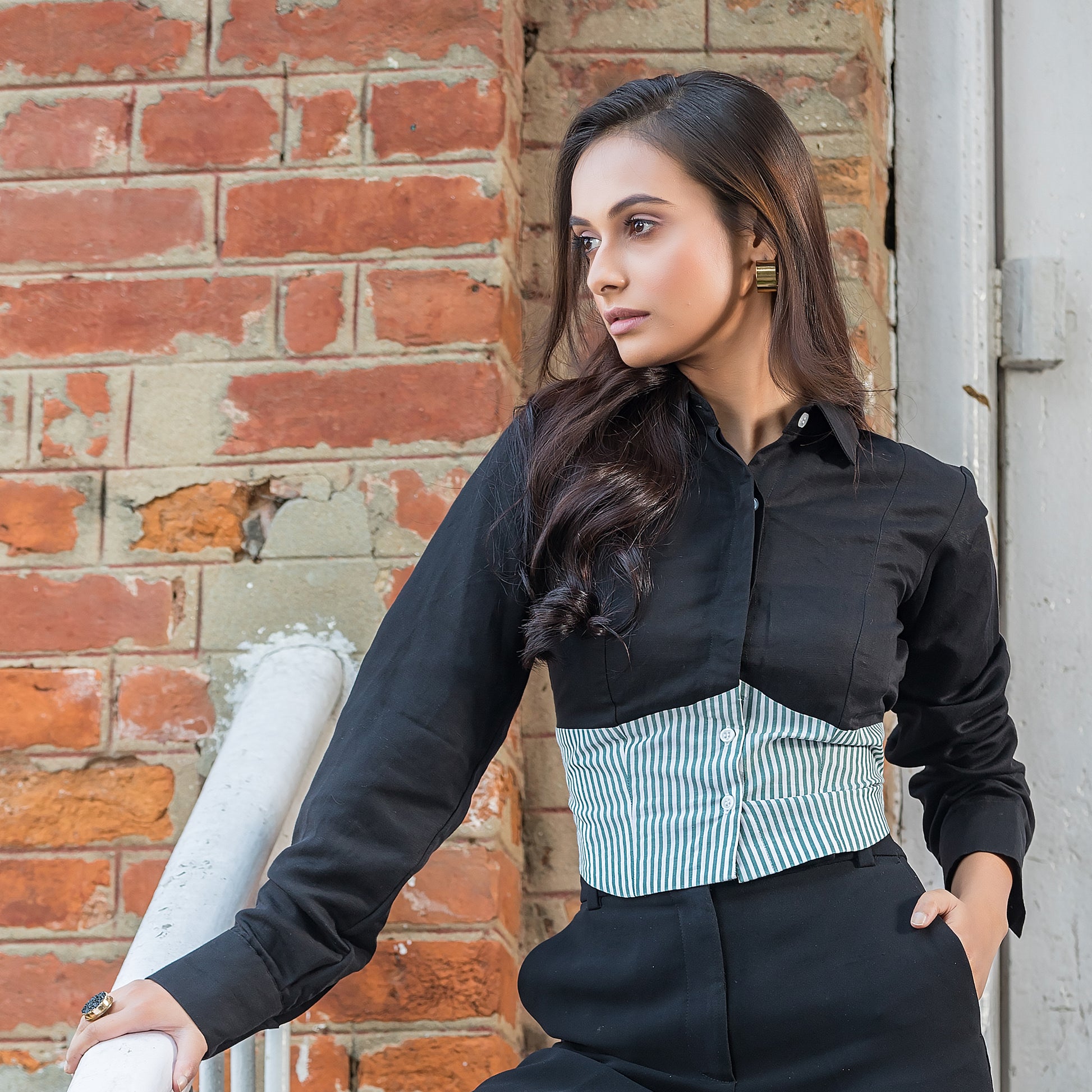 Two Tone Shirt - Black & Green Stripes