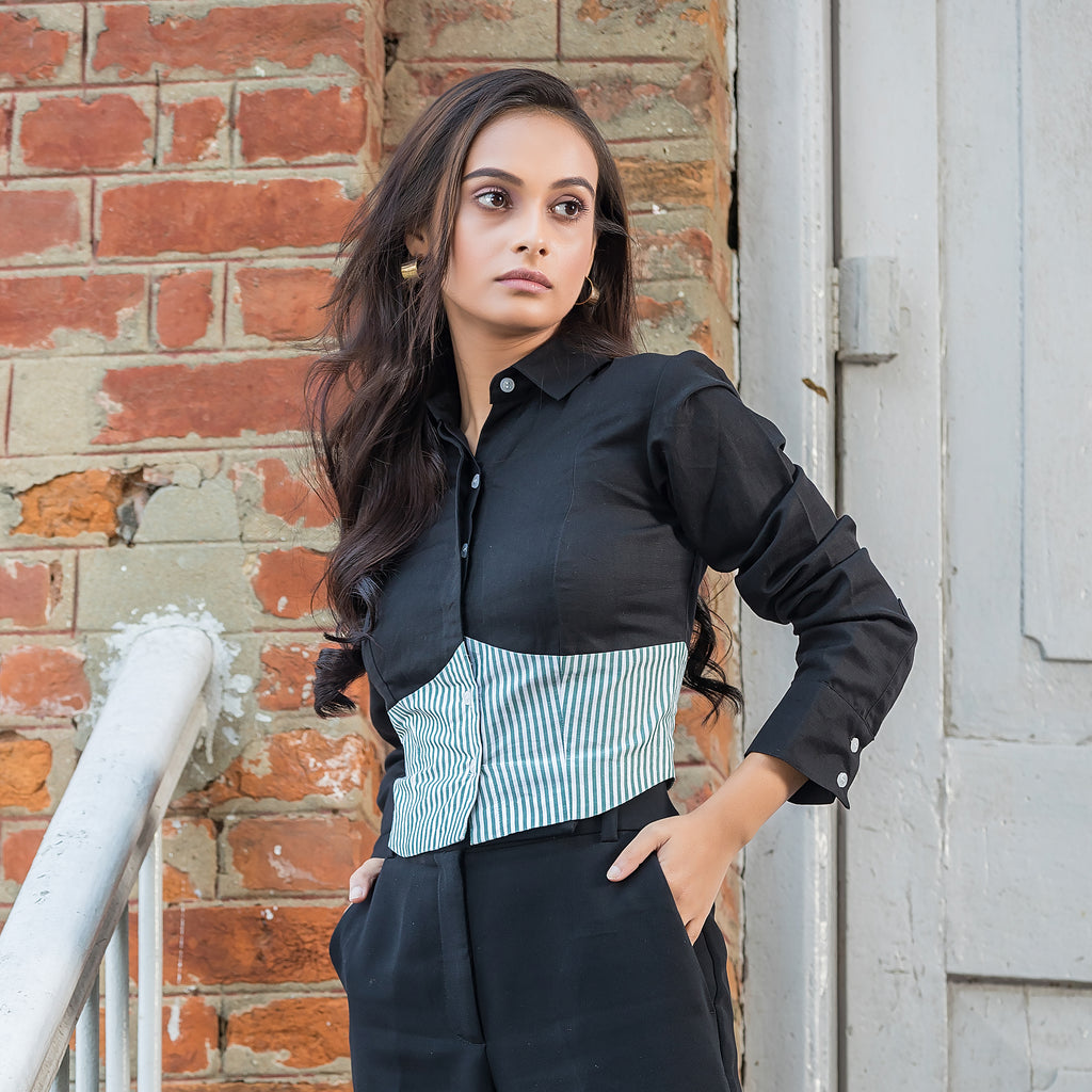 Two Tone Shirt - Black & Green Stripes