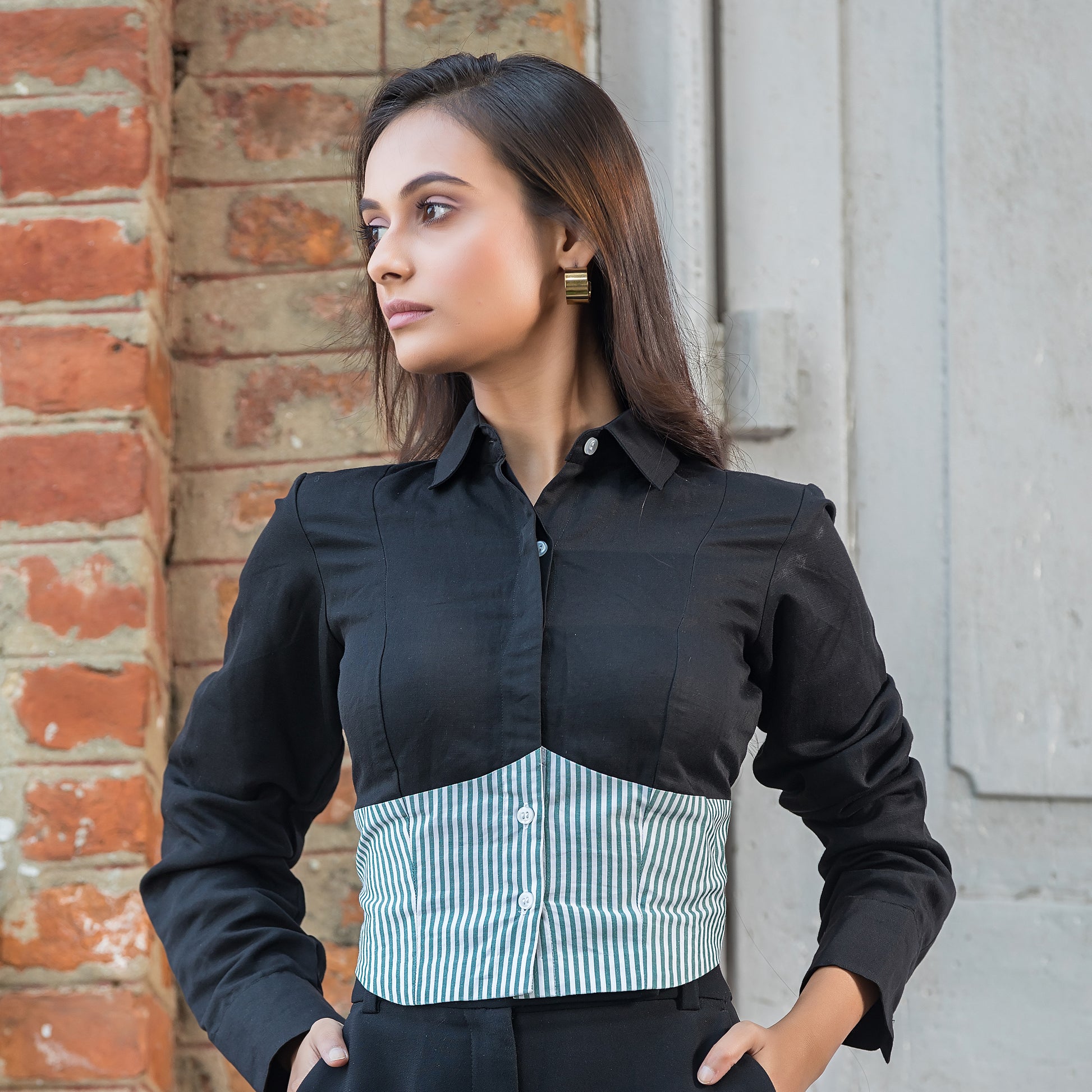 Two Tone Shirt - Black & Green Stripes