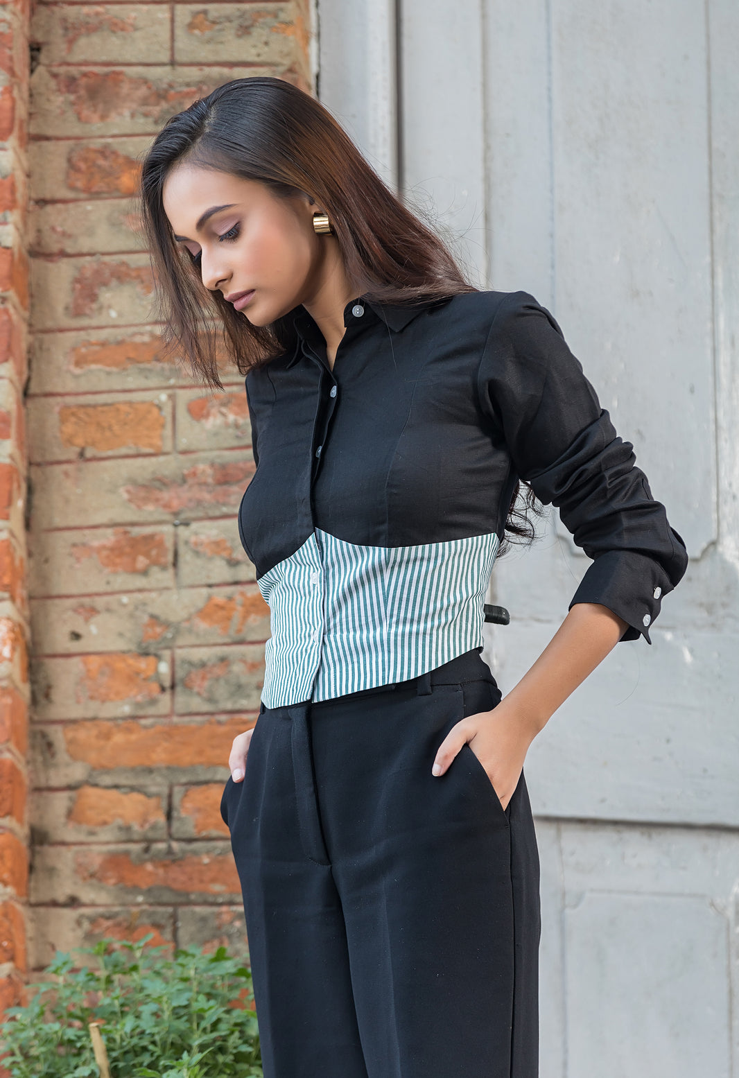 Two Tone Shirt - Black & Green Stripes