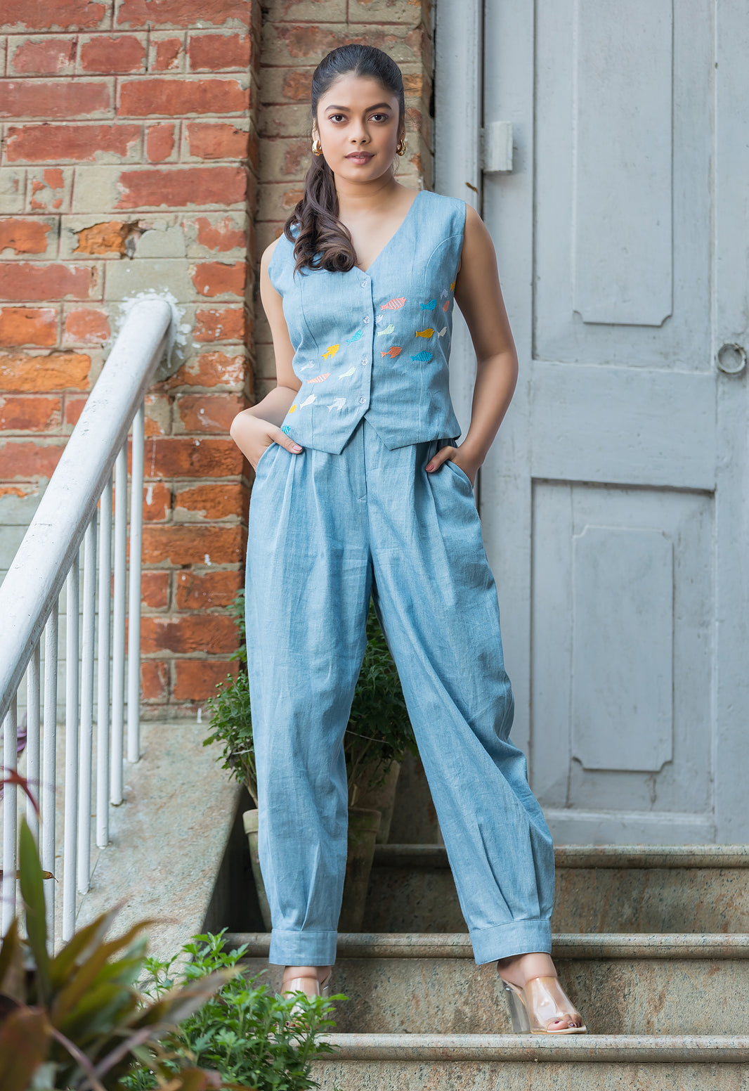 Fishes Embroidered Denim Co-Ords Set