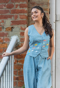 Fishes Embroidered Denim Co-Ords Set