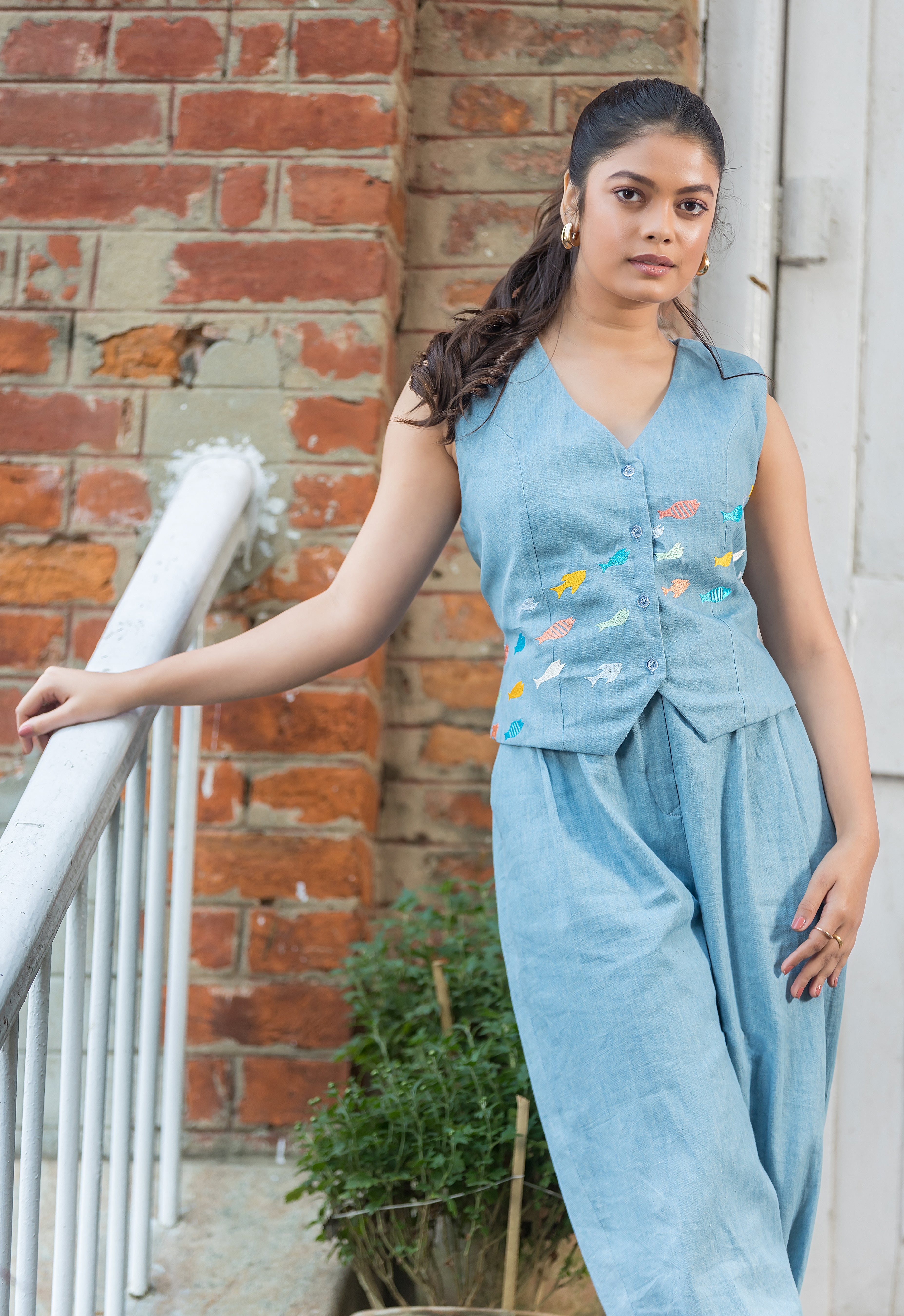 Fishes Embroidered Denim Co-Ords Set