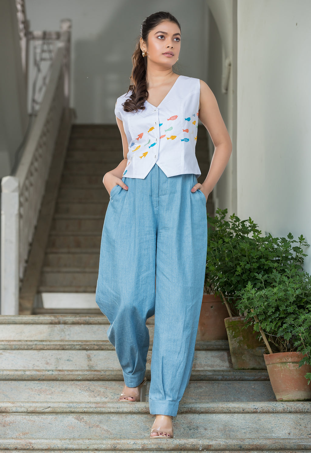 Fishes Embroidered Cotton Co-Ords Set