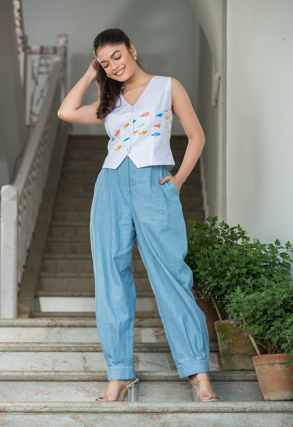 Fishes Embroidered Cotton Co-Ords Set