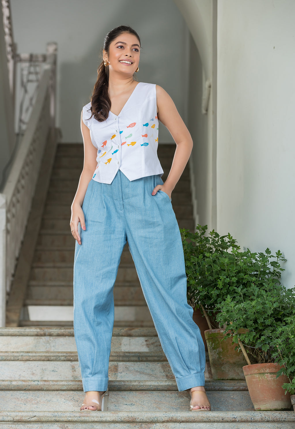 Fishes Embroidered Cotton Co-Ords Set