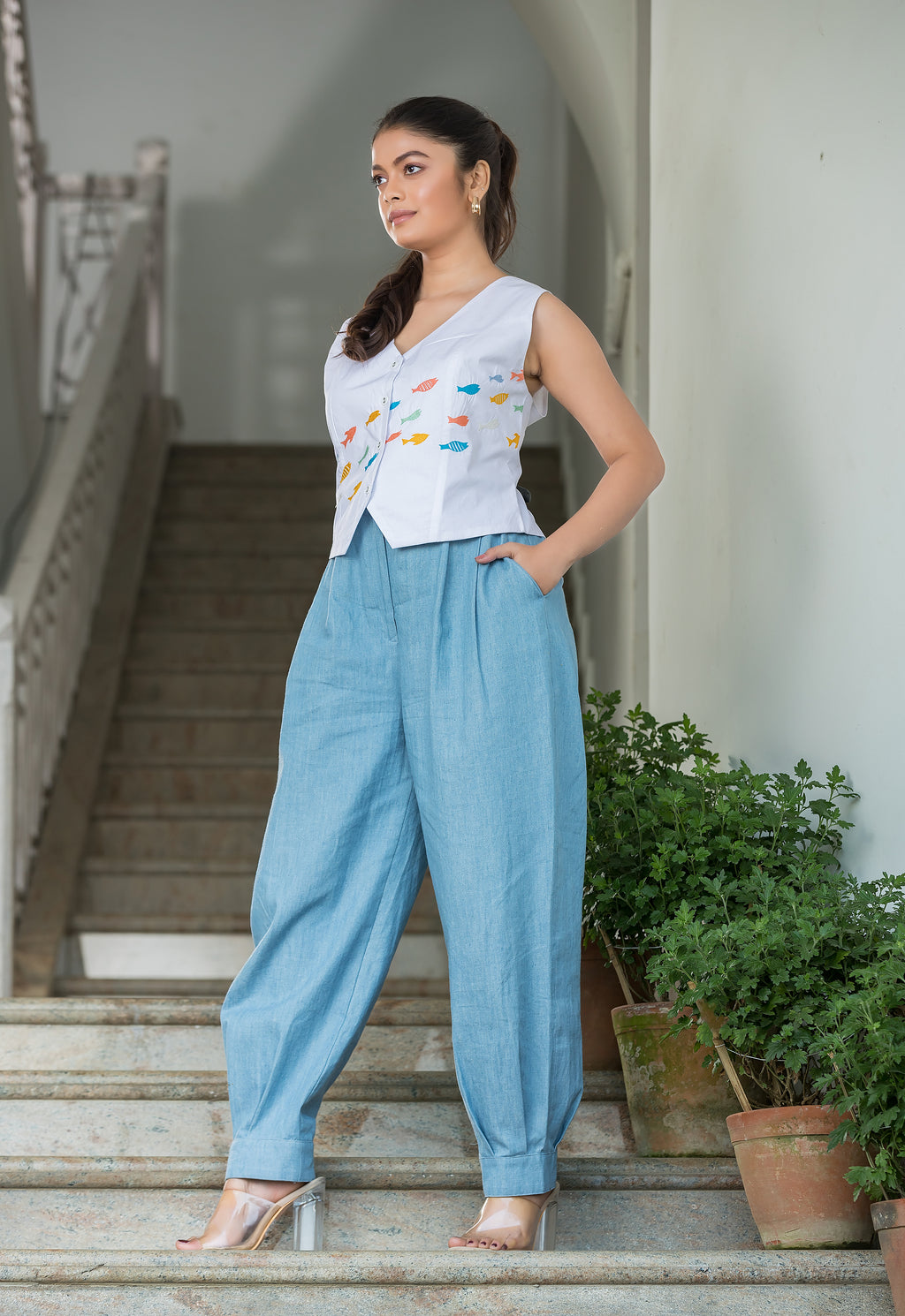 Fishes Embroidered Cotton Co-Ords Set