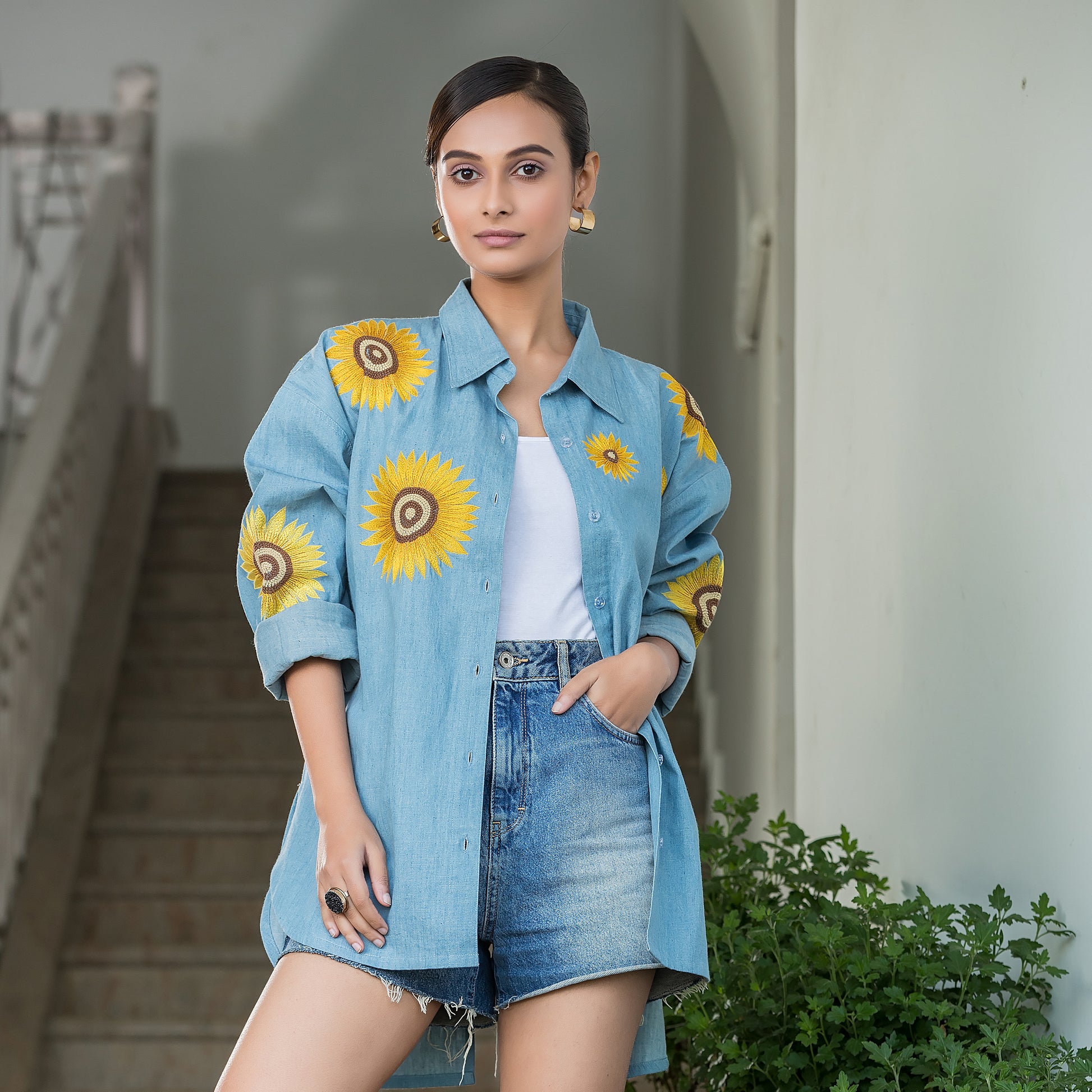 Sunflower Embroidered Denim Shirt