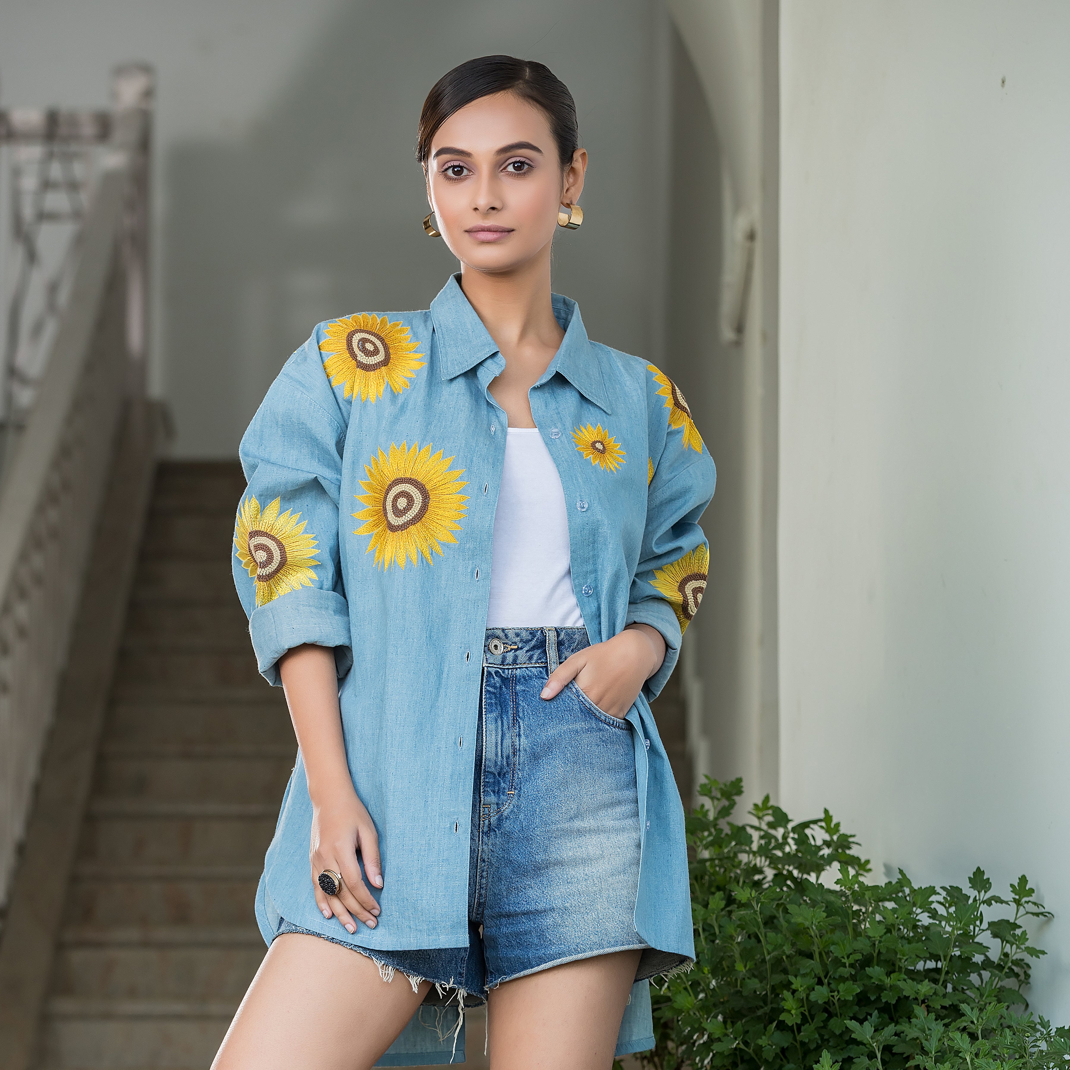 Sunflower Embroidered Denim Shirt