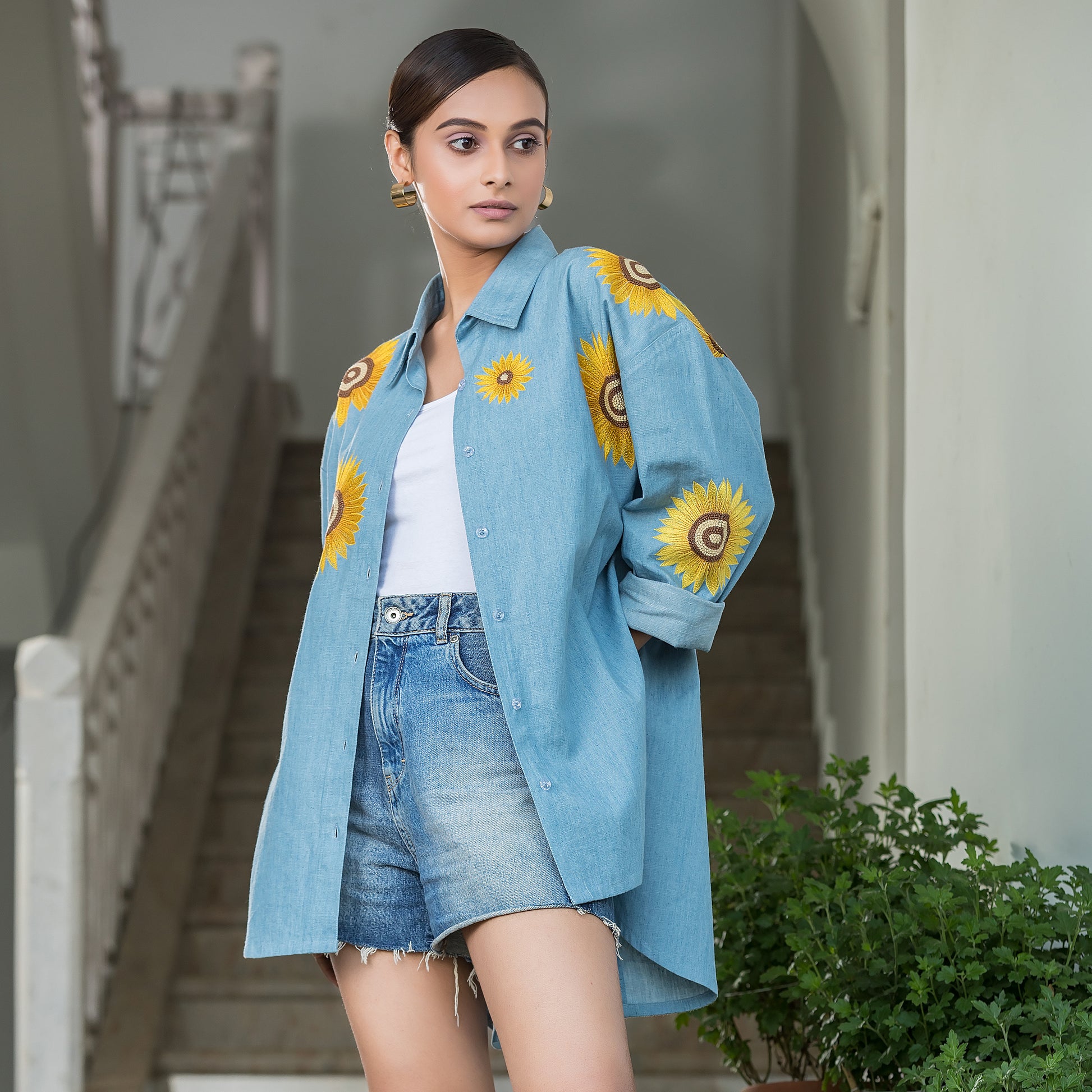 Sunflower Embroidered Denim Shirt
