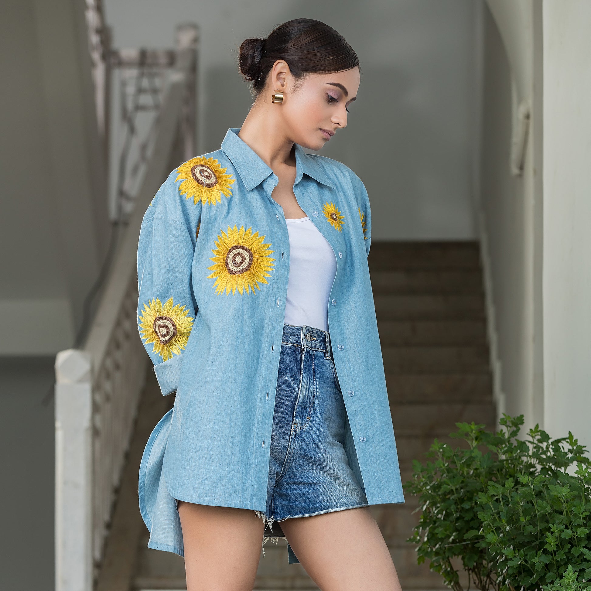 Sunflower Embroidered Denim Shirt