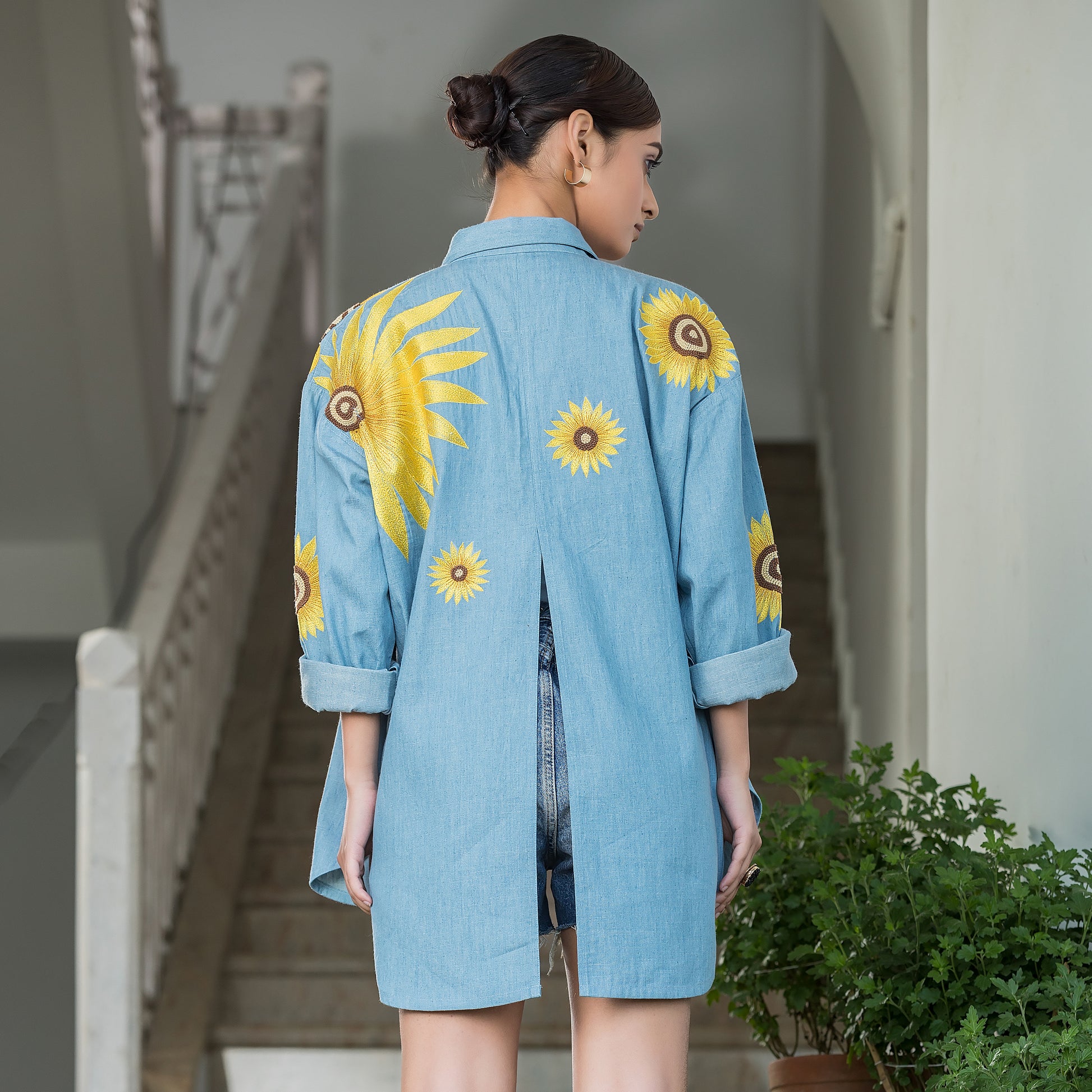 Sunflower Embroidered Denim Shirt