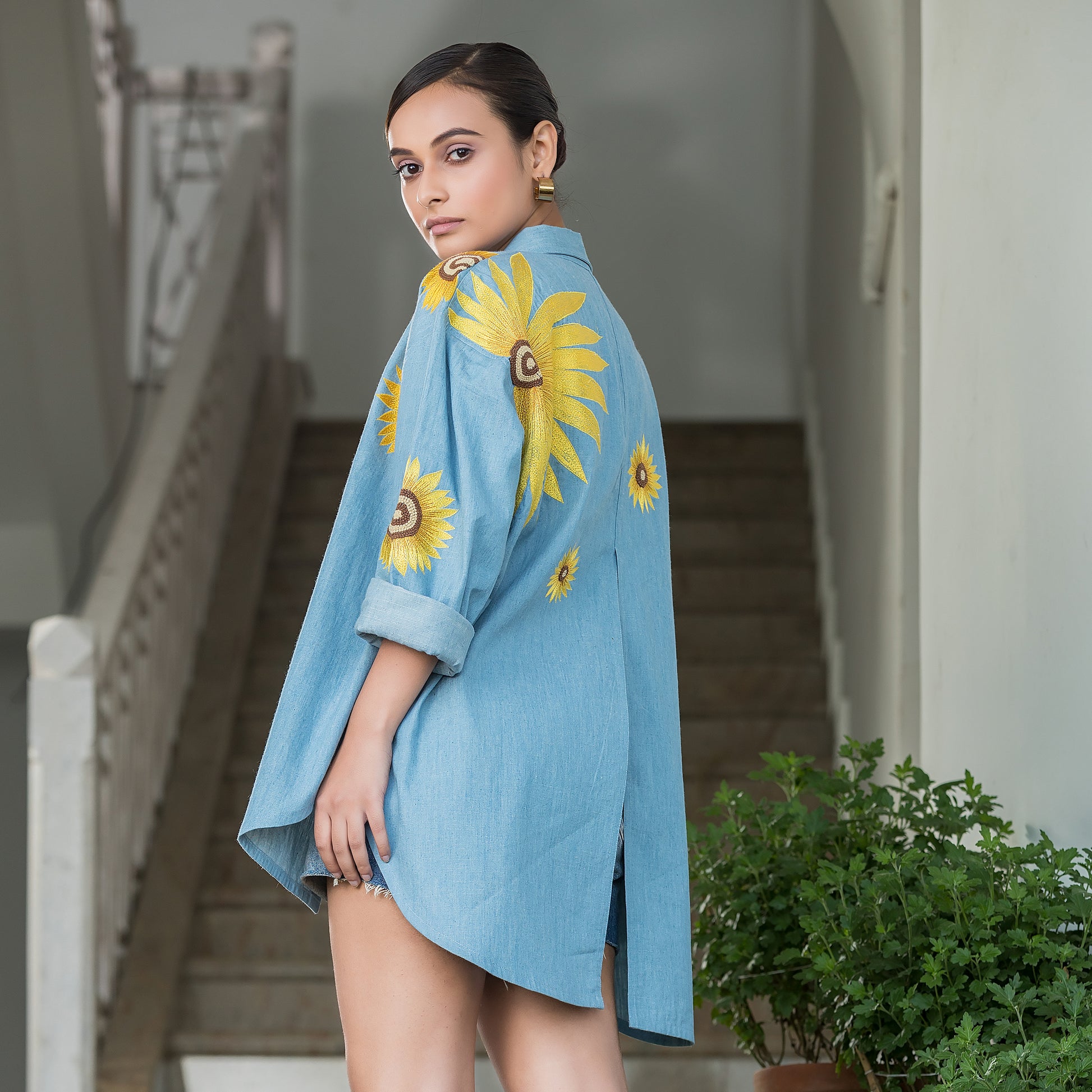 Sunflower Embroidered Denim Shirt