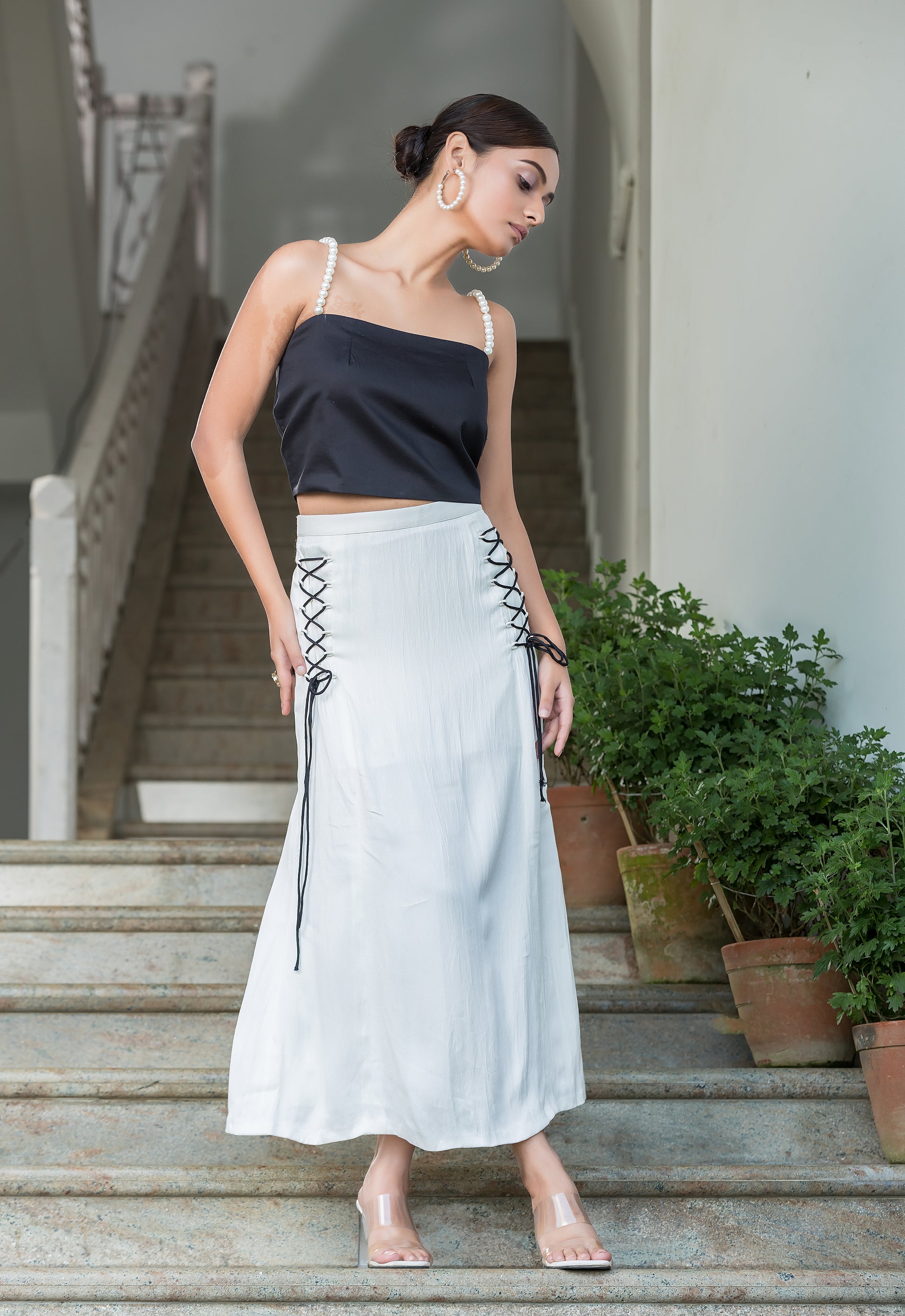 Black Pearl Top with White Midi Skirt