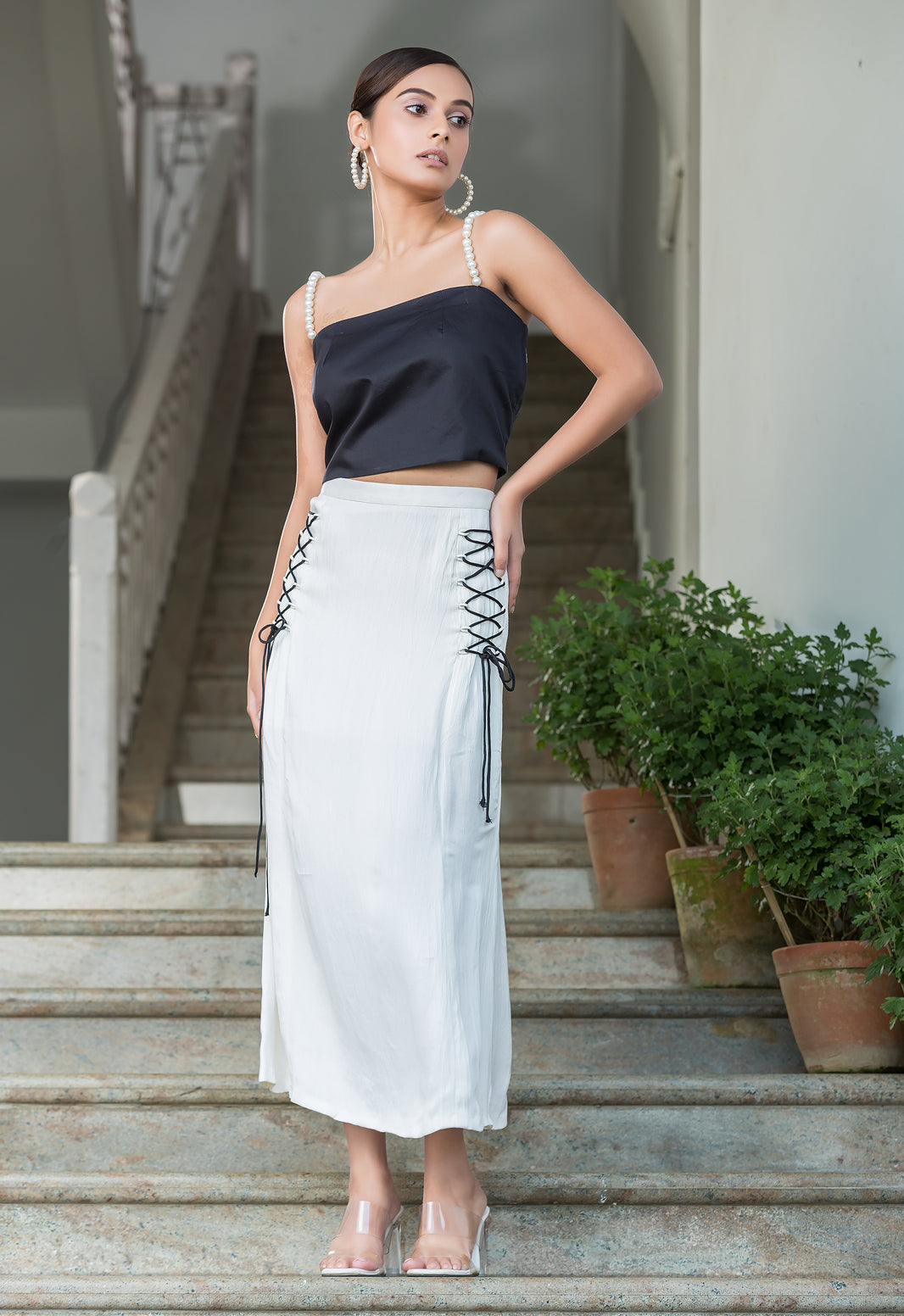 Black Pearl Top with White Midi Skirt