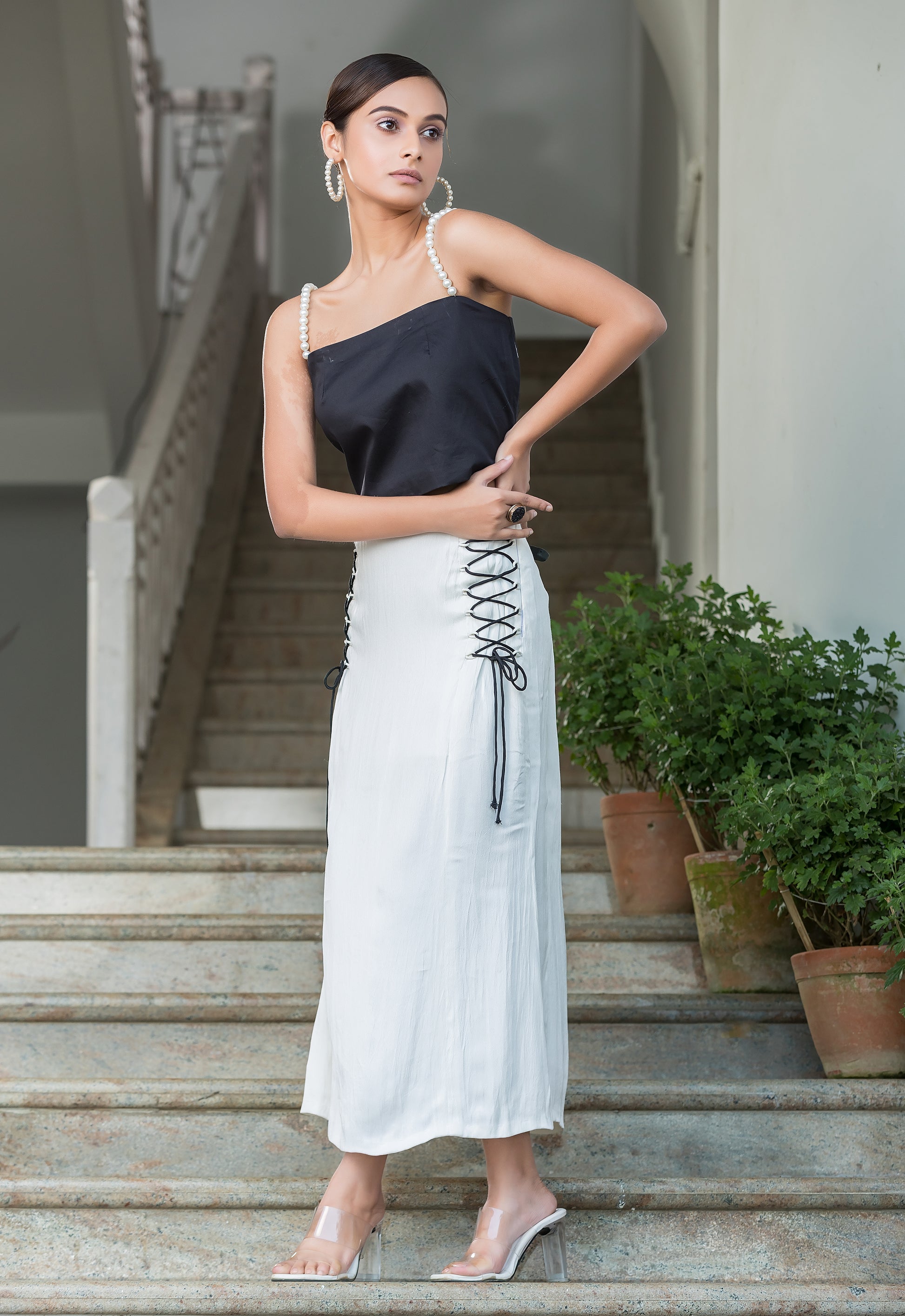 Black Pearl Top with White Midi Skirt