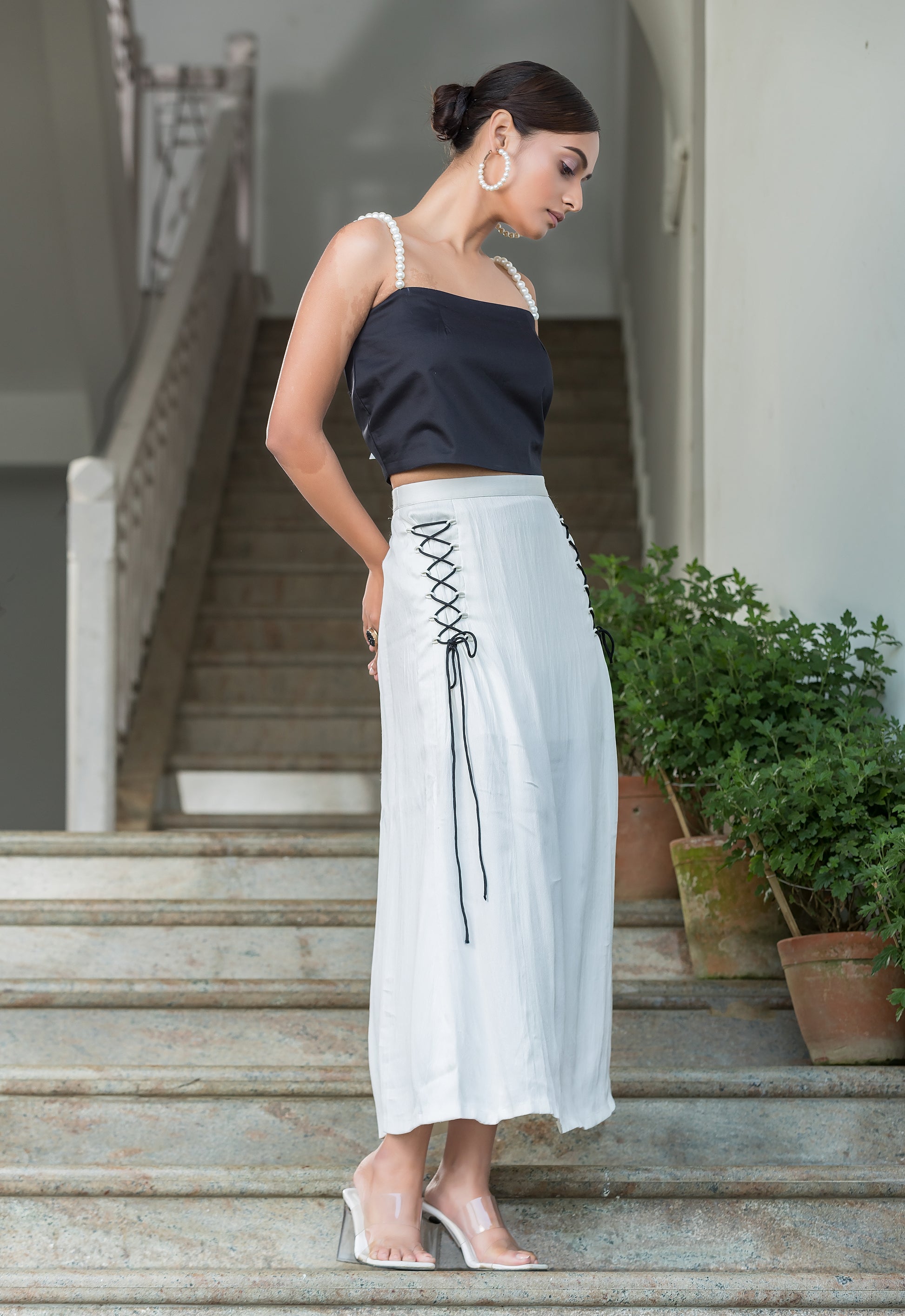 Black Pearl Top with White Midi Skirt
