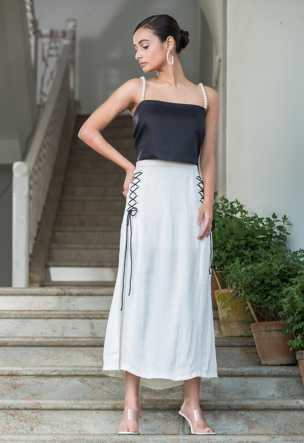 Black Pearl Top with White Midi Skirt