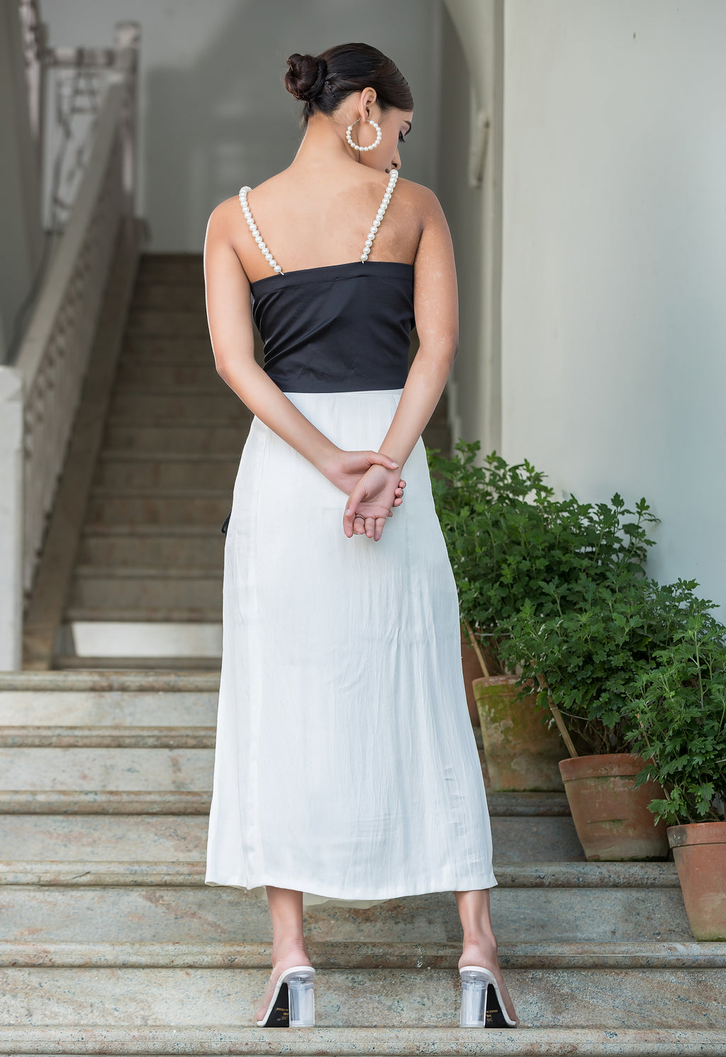 Black Pearl Top with White Midi Skirt